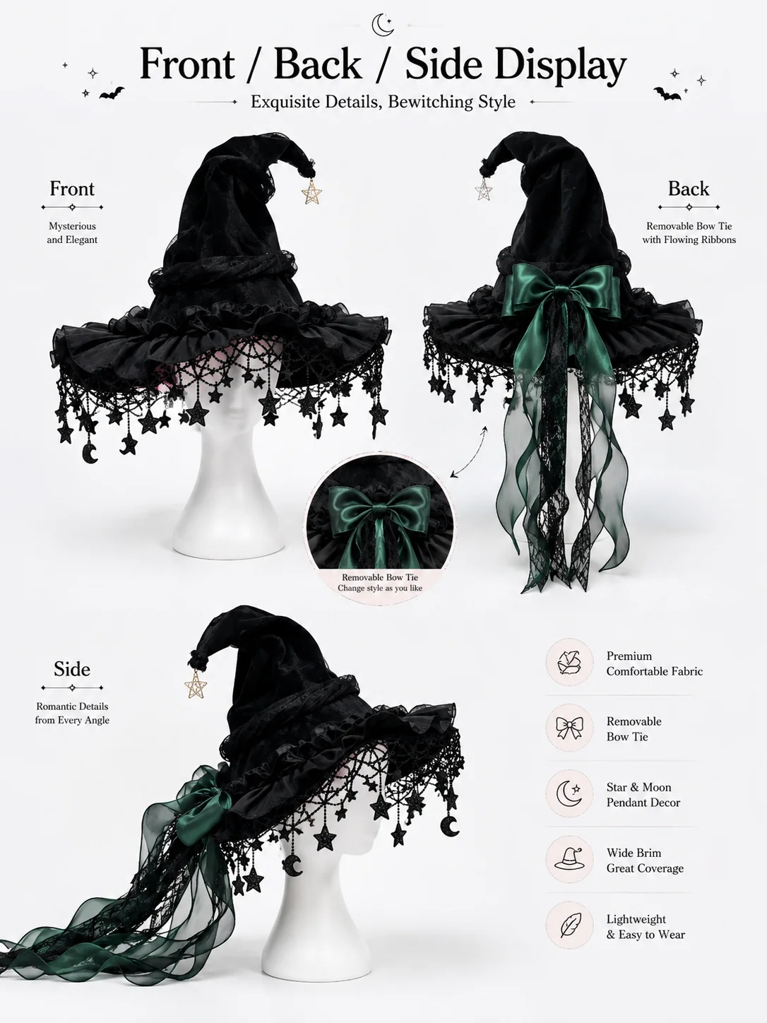 Gothic Lolita Witch Hat for Women, Wide Brim Black Lace Wizard Hat with Star‑Moon Tassel Bow Long Ribbon Halloween Cosplay Costume Accessory for Dress‑up Party
