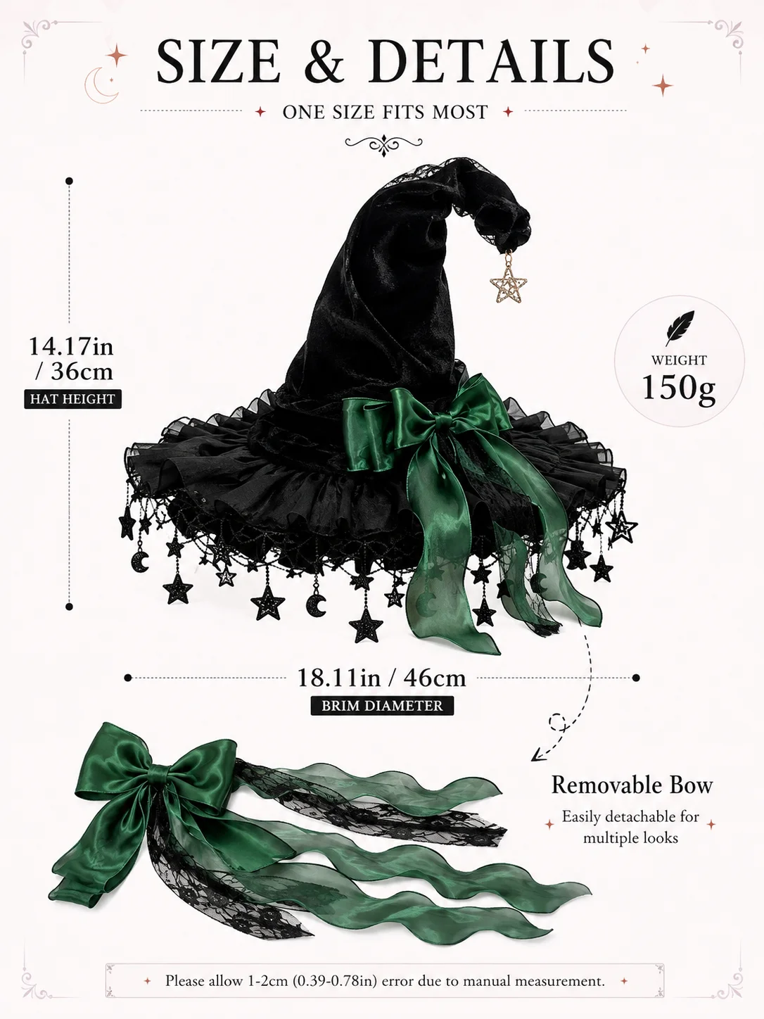 Gothic Lolita Witch Hat for Women, Wide Brim Black Lace Wizard Hat with Star‑Moon Tassel Bow Long Ribbon Halloween Cosplay Costume Accessory for Dress‑up Party
