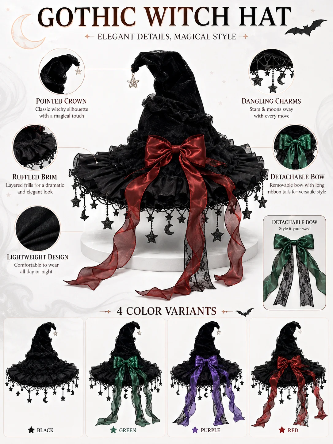 Gothic Lolita Witch Hat for Women, Wide Brim Black Lace Wizard Hat with Star‑Moon Tassel Bow Long Ribbon Halloween Cosplay Costume Accessory for Dress‑up Party