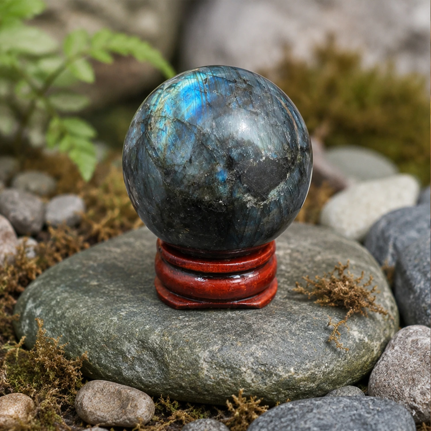 1.6-2inch Natural Labradorite Crystal Ball with Wooden Stand Polished Reiki Healing Chakra Stone for Intuition Protection Transformation Meditation Yoga Feng Shui Home Office Desk Decor Living Room Bookshelf Display Blue Green Flash Iridescent Gift