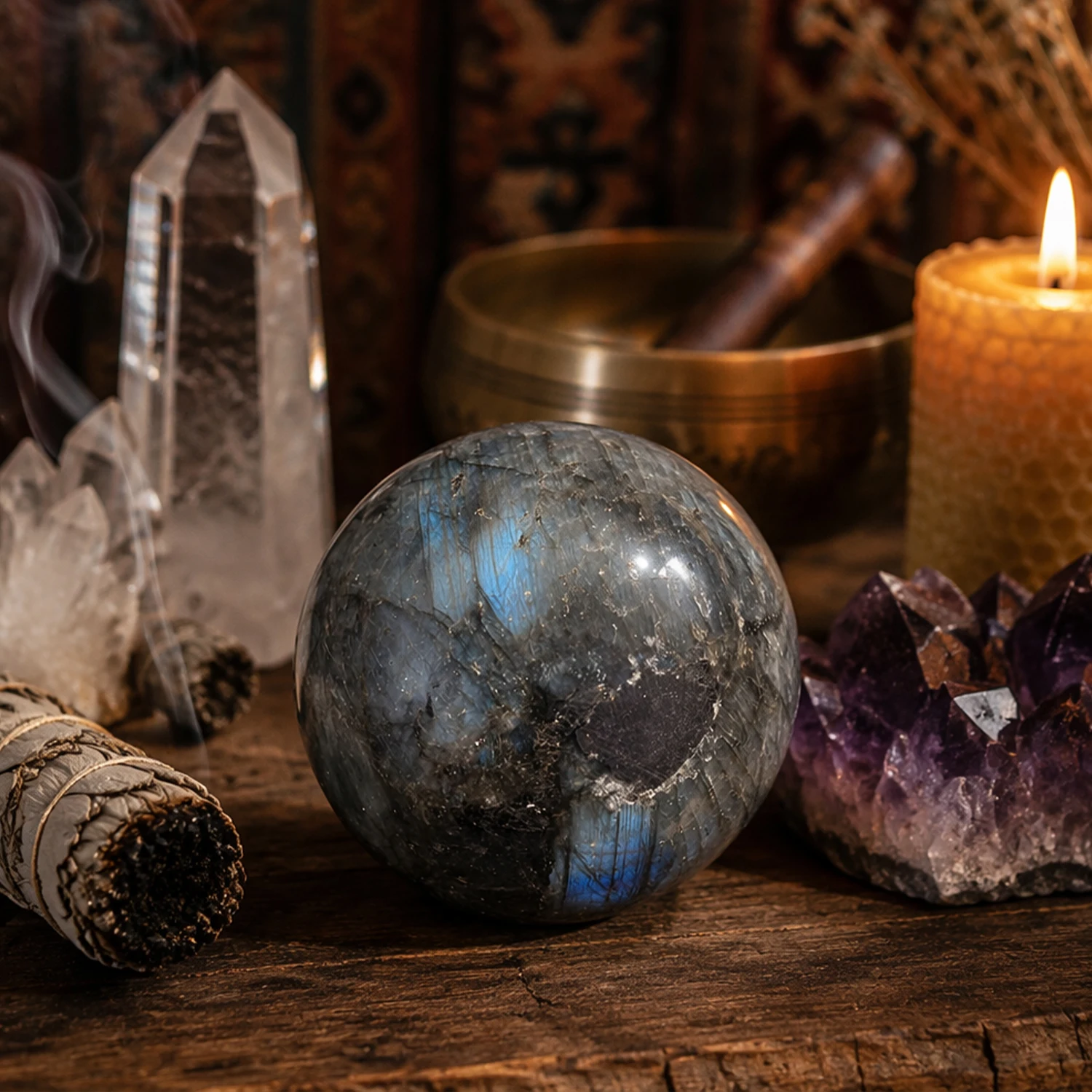 1.6-2inch Natural Labradorite Crystal Ball with Wooden Stand Polished Reiki Healing Chakra Stone for Intuition Protection Transformation Meditation Yoga Feng Shui Home Office Desk Decor Living Room Bookshelf Display Blue Green Flash Iridescent Gift
