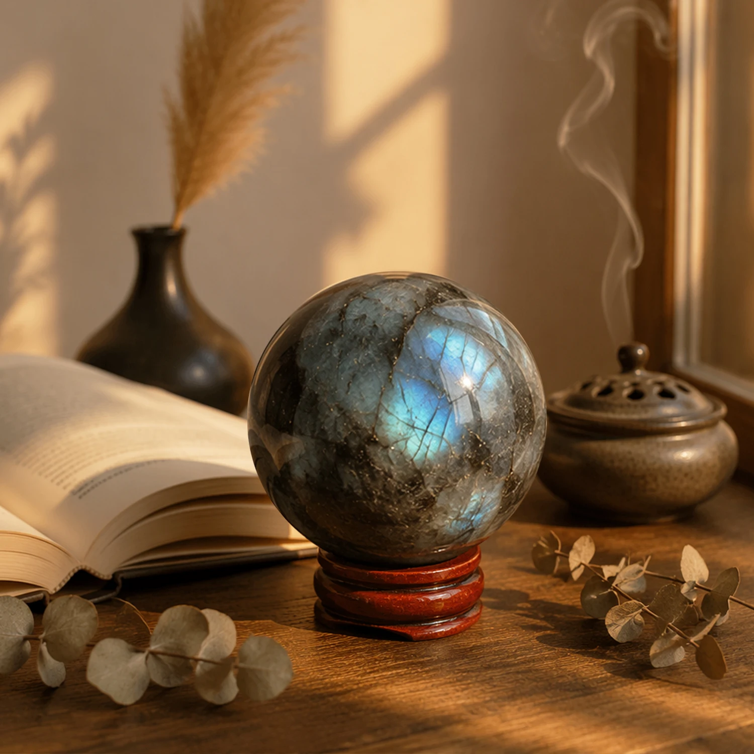 1.6-2inch Natural Labradorite Crystal Ball with Wooden Stand Polished Reiki Healing Chakra Stone for Intuition Protection Transformation Meditation Yoga Feng Shui Home Office Desk Decor Living Room Bookshelf Display Blue Green Flash Iridescent Gift