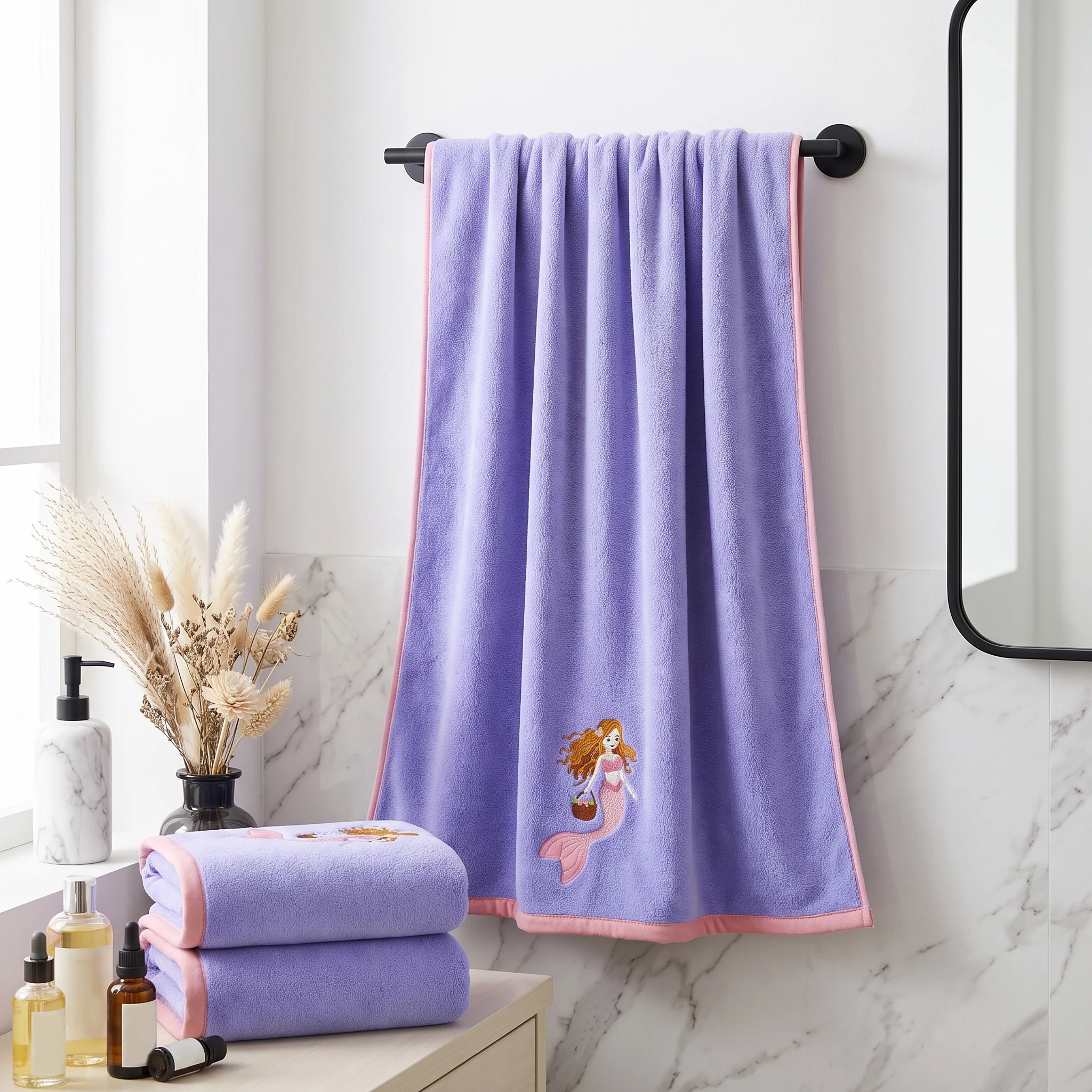 2‑Pack Coral Velvet Bath Towels, Mermaid Embroidered Pattern, Soft & Cozy, High Water Absorbency, Ideal for Bathing, SPA, Swimming, Yoga, Salon Use