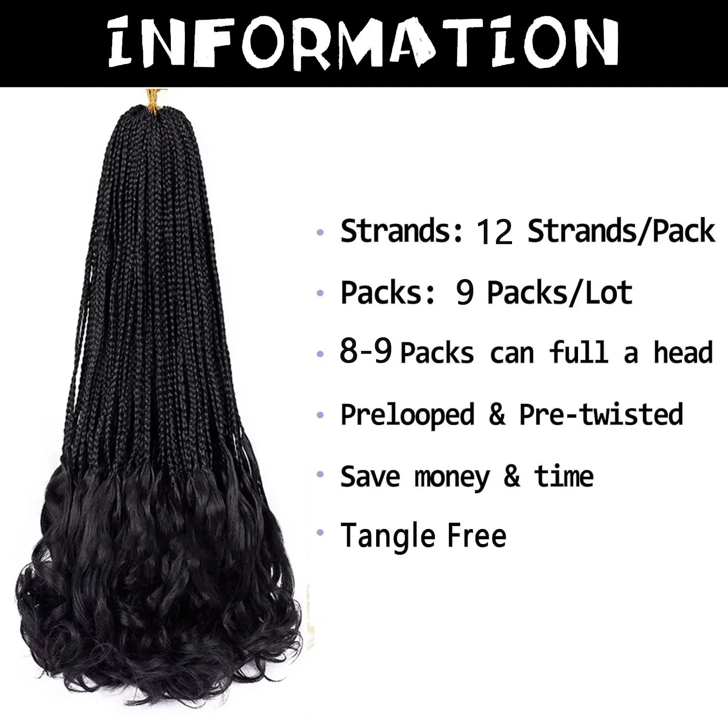 French Curl Crochet Braids 14 Inch 22 Inch Goddess Box Braids Crochet Hair For Women 9 Packs Pre Looped Crochet Box Braid with Curly Ends Black Synthetic French Curly Braiding Hair Extensions 12 Strands/Pack