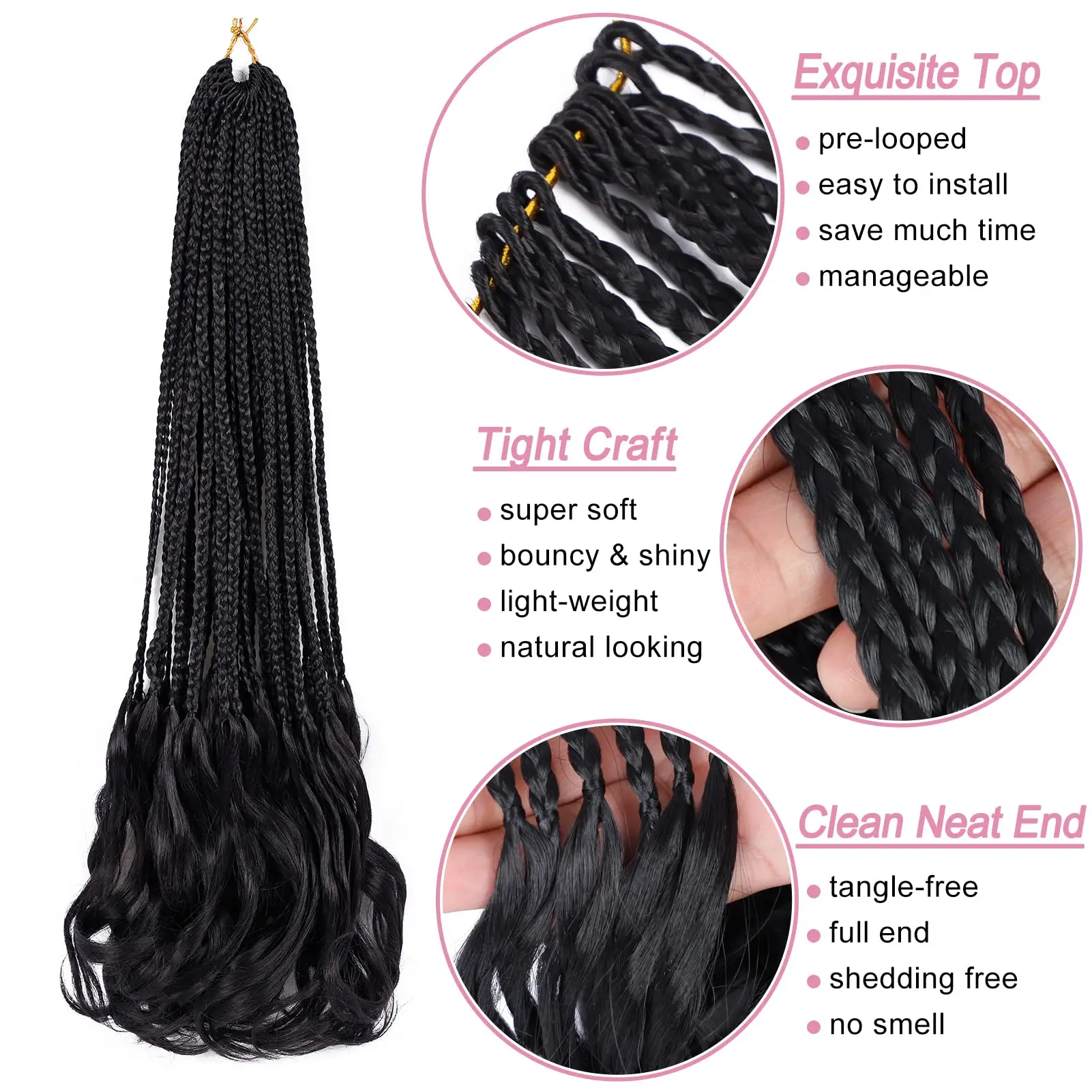 French Curl Crochet Braids 14 Inch 22 Inch Goddess Box Braids Crochet Hair For Women 9 Packs Pre Looped Crochet Box Braid with Curly Ends Black Synthetic French Curly Braiding Hair Extensions 12 Strands/Pack