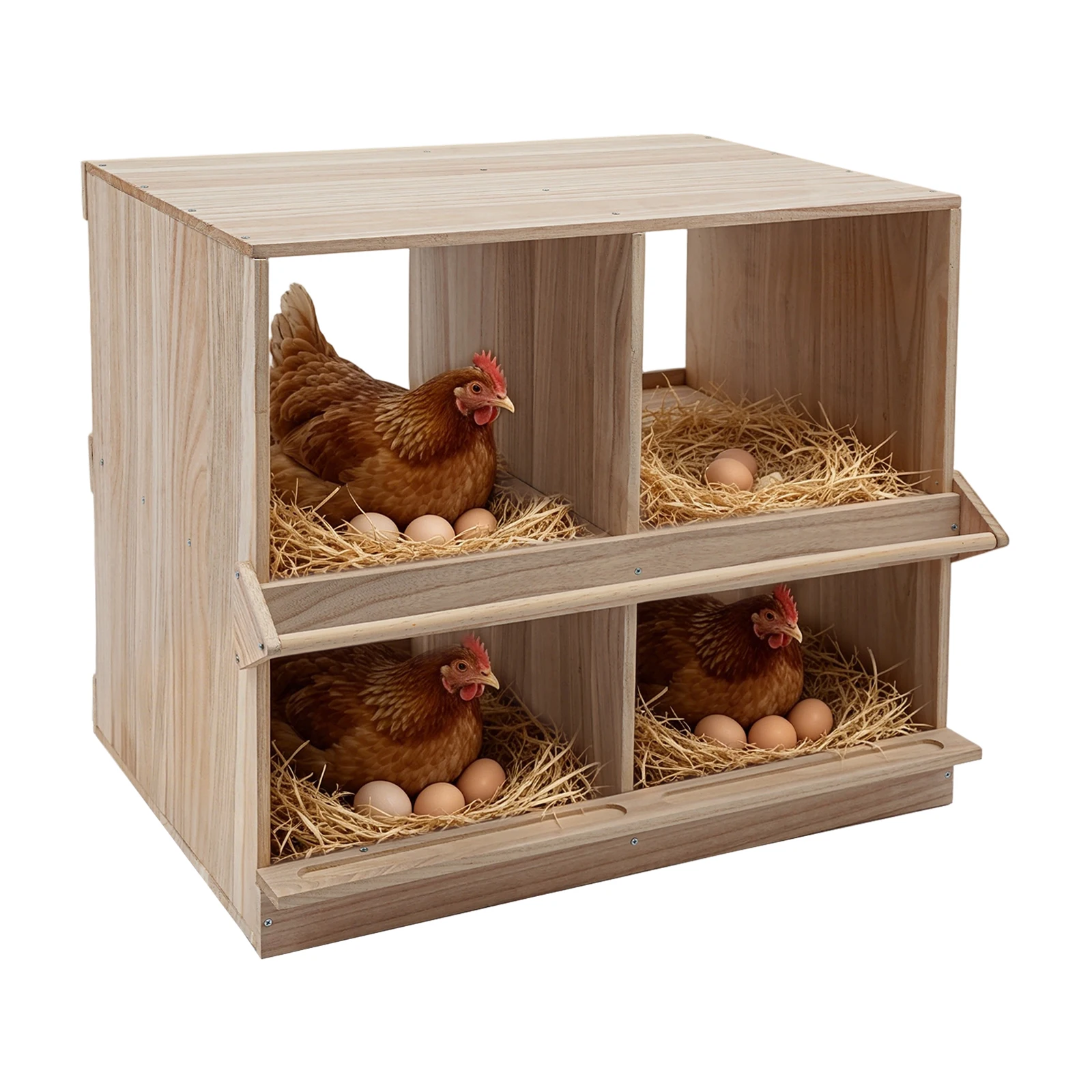 4-Piece Wooden Chicken Egg-Laying Nesting Boxes - In Natural Wood Color Chicken Nesting Box, 4 Compartment Wooden Nesting Boxes for Chickens with Perches, Floor Mount Chicken Nesting Boxes for Homes Farms Chicken Houses Backyards Courtyards