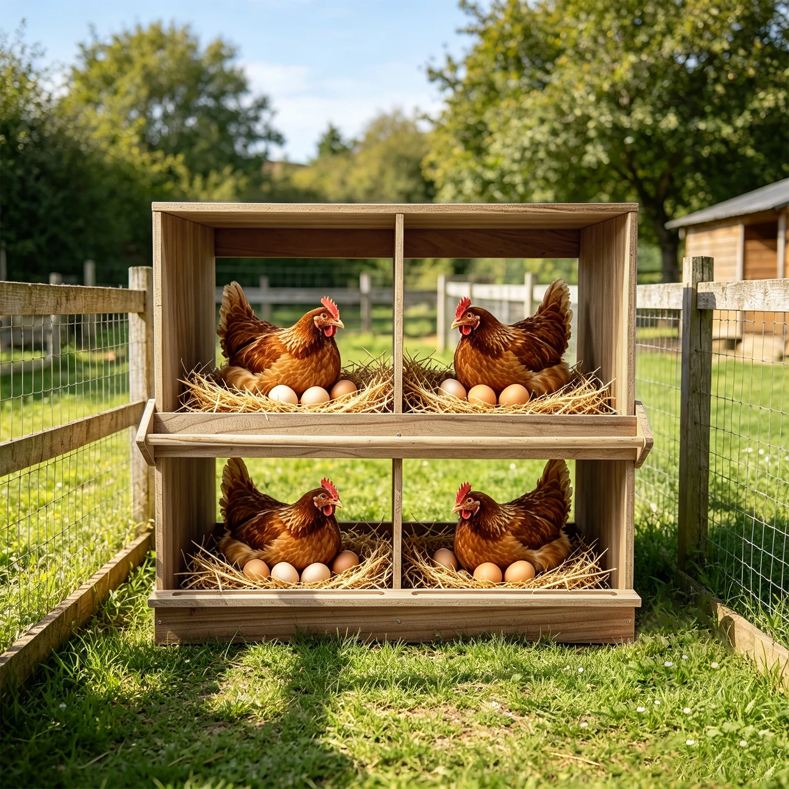 4-Piece Wooden Chicken Egg-Laying Nesting Boxes - In Natural Wood Color Chicken Nesting Box, 4 Compartment Wooden Nesting Boxes for Chickens with Perches, Floor Mount Chicken Nesting Boxes for Homes Farms Chicken Houses Backyards Courtyards