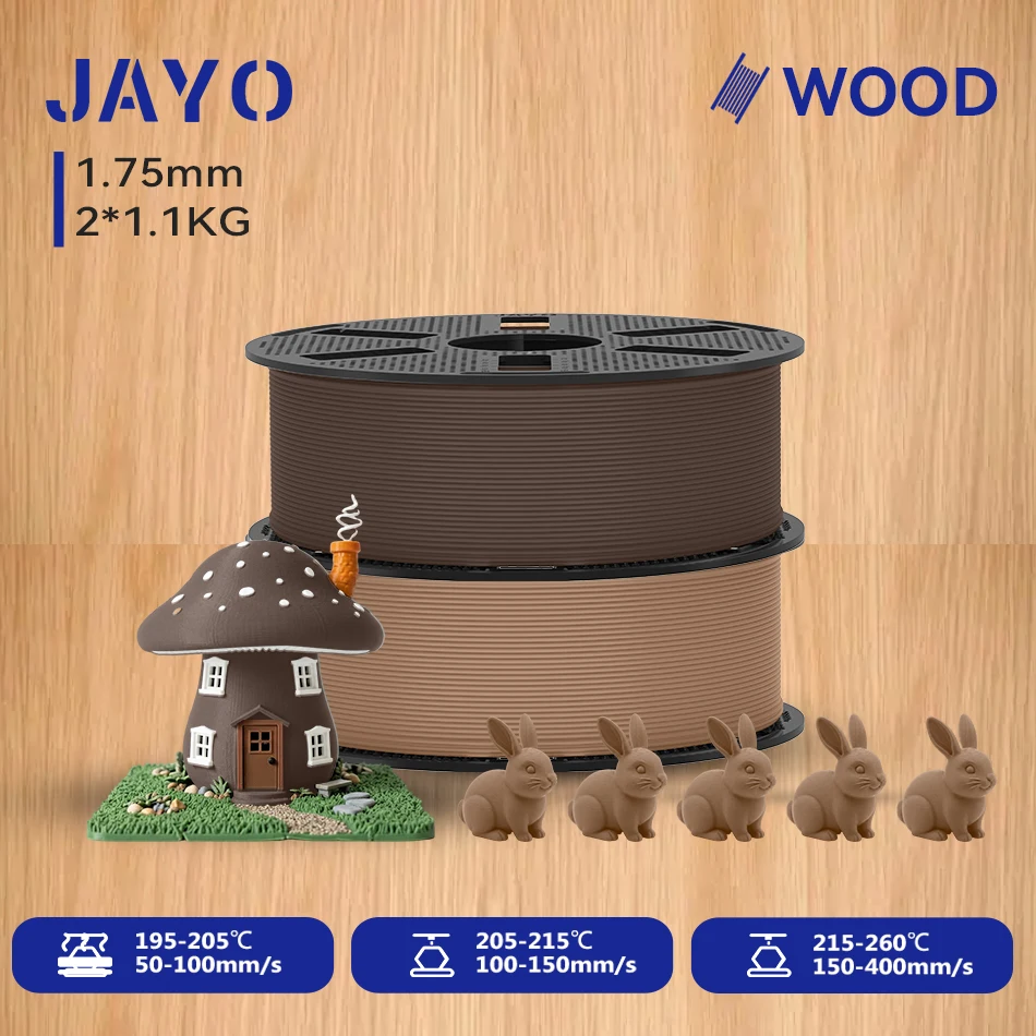 JAYO 2*1.1KG Wood PLA 3D Filament 1.75mm 1.1KG/Roll PLA Wood Texture 3D Printer Filament 10-15% Wood Fiber 3D Printing Materials