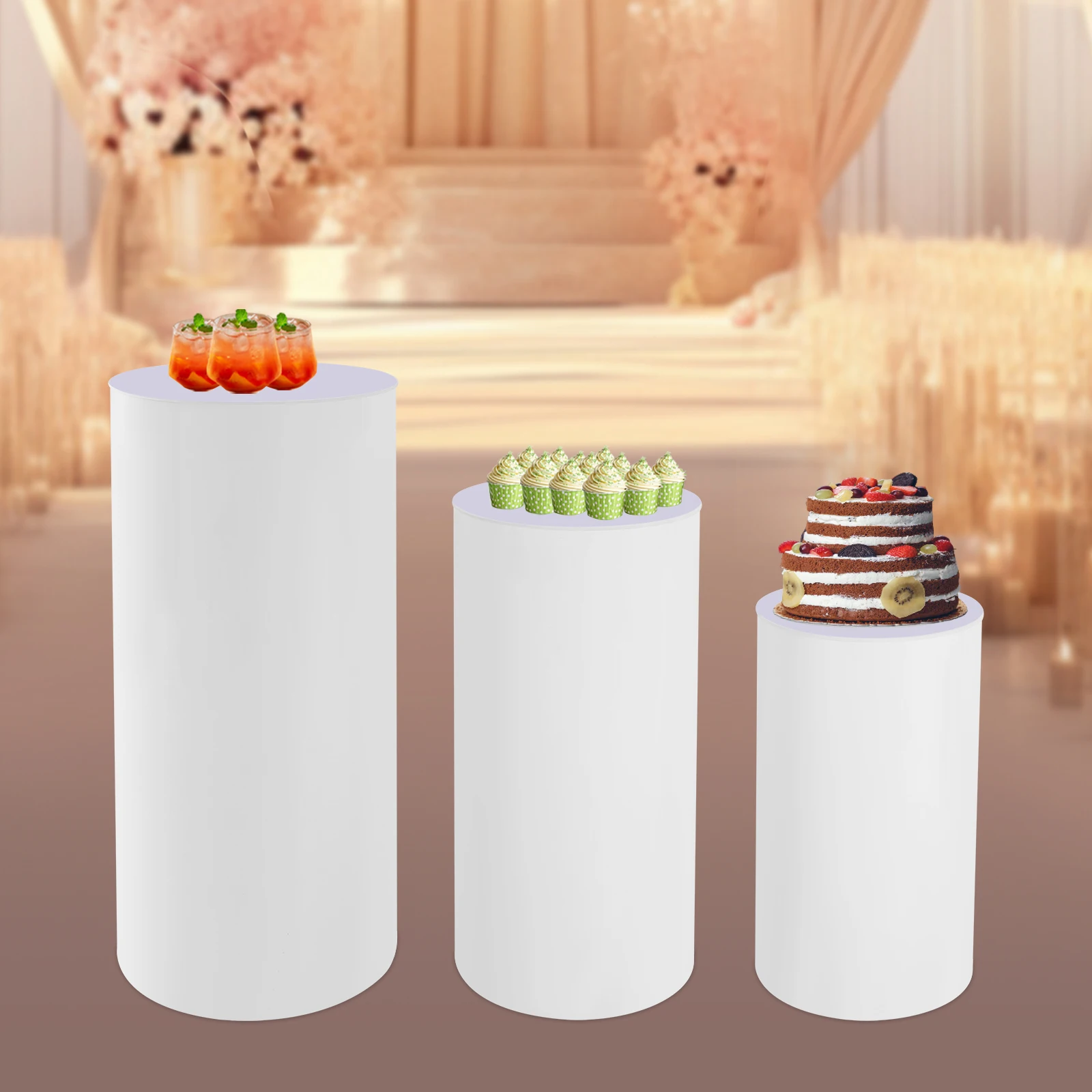 Pedestal Display Stand, PVC Cylinder Pedestal Stand, Free Standing 3pcs Pedestal Stand, for Weddings, Stores, Birthdays, Baby Showers