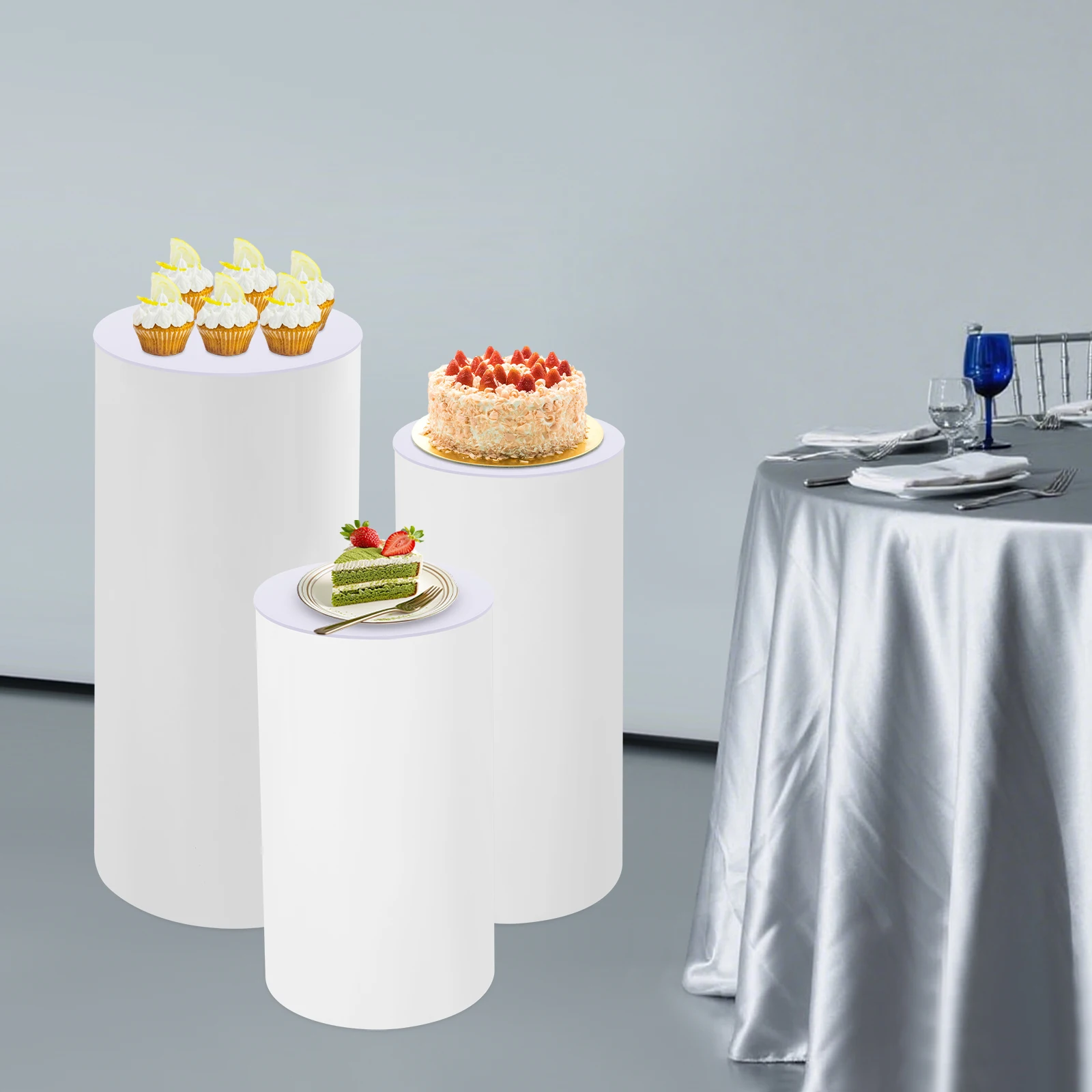 Pedestal Display Stand, PVC Cylinder Pedestal Stand, Free Standing 3pcs Pedestal Stand, for Weddings, Stores, Birthdays, Baby Showers