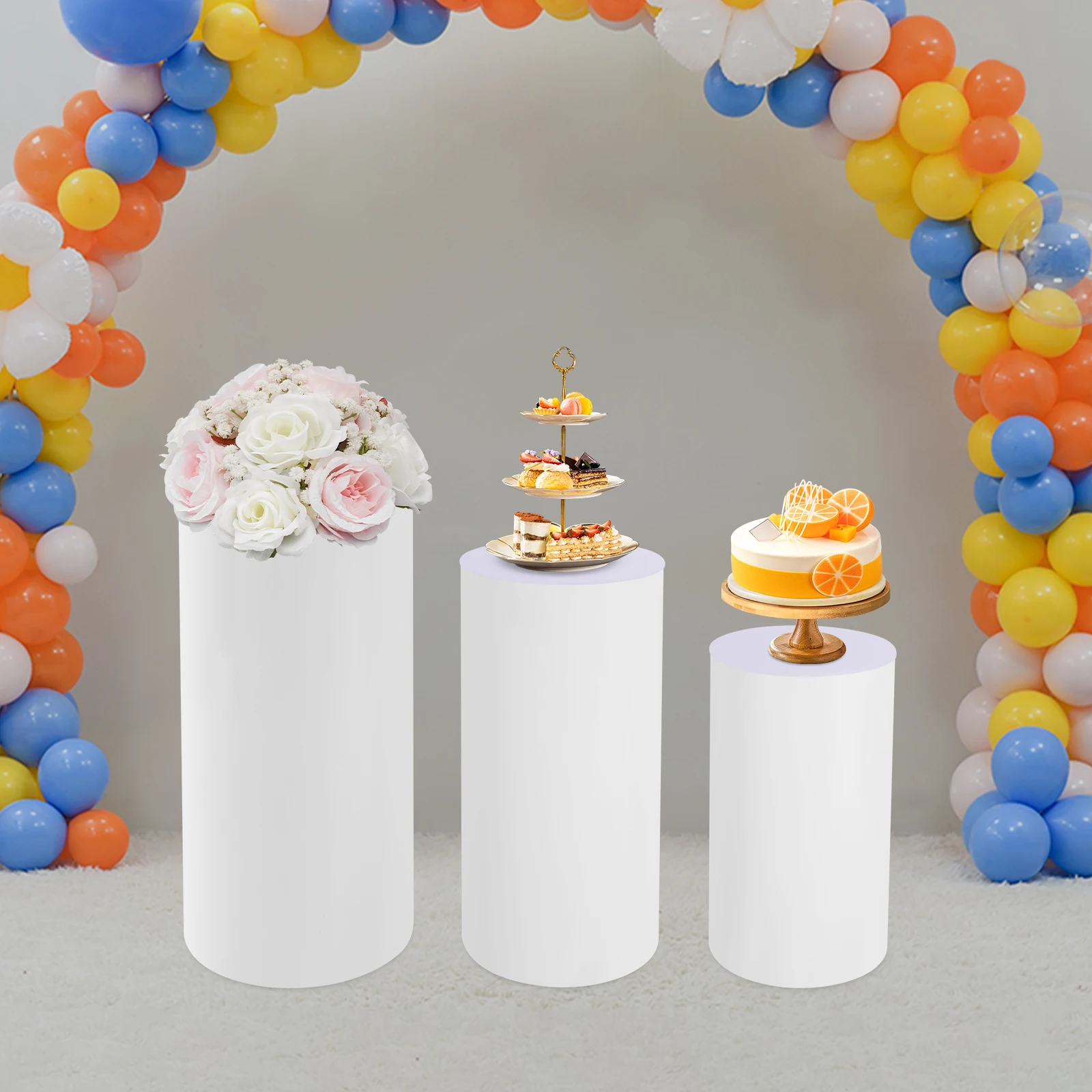 Pedestal Display Stand, PVC Cylinder Pedestal Stand, Free Standing 3pcs Pedestal Stand, for Weddings, Stores, Birthdays, Baby Showers