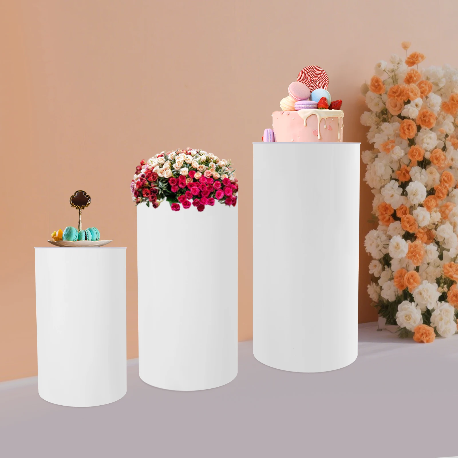 Pedestal Display Stand, PVC Cylinder Pedestal Stand, Free Standing 3pcs Pedestal Stand, for Weddings, Stores, Birthdays, Baby Showers