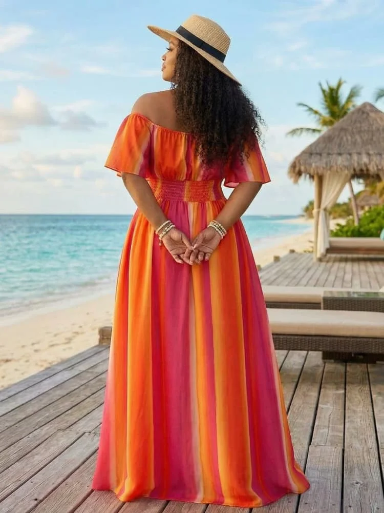 Plus Size Off Shoulder Short Flutter Sleeve Smocked Waist Floor Length Dress For Women Beach Resort Holiday Loose Long Dress
