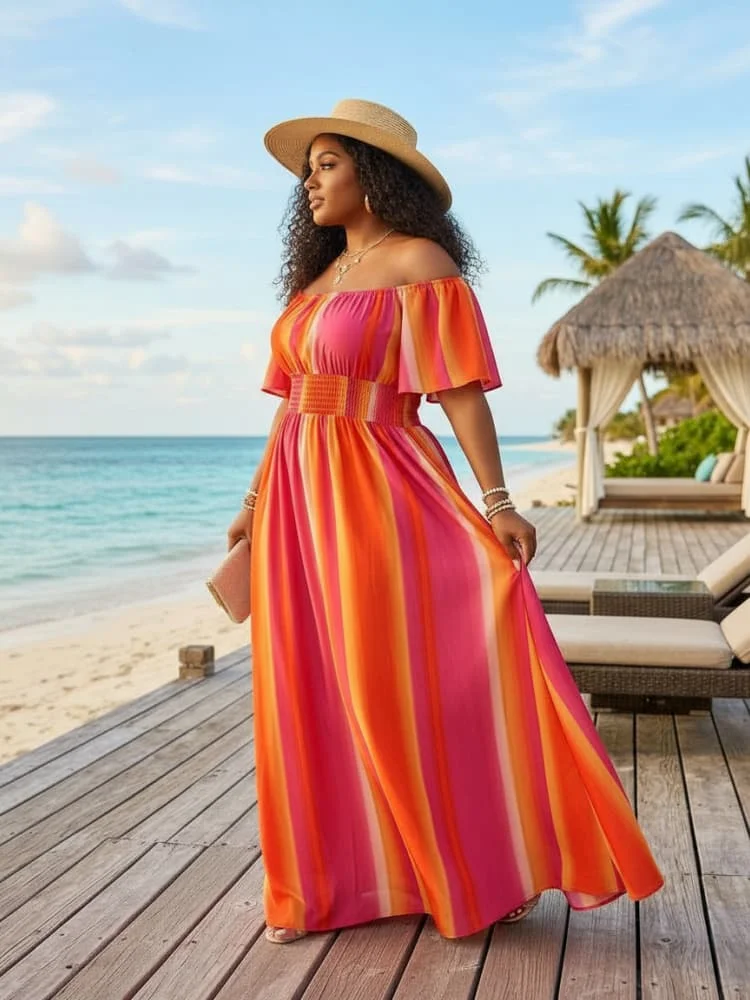 Plus Size Off Shoulder Short Flutter Sleeve Smocked Waist Floor Length Dress For Women Beach Resort Holiday Loose Long Dress