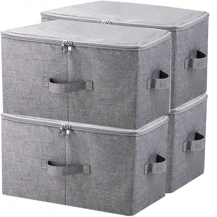 4-Pack Extra Large Fabric Storage Boxes With Linen Cover And Plastic Tray Foldable Storage Organizer For Bedding, Suitable For Wardrobes, Bedrooms, Kitchens, Books Multi-Purpose Storage Organizer