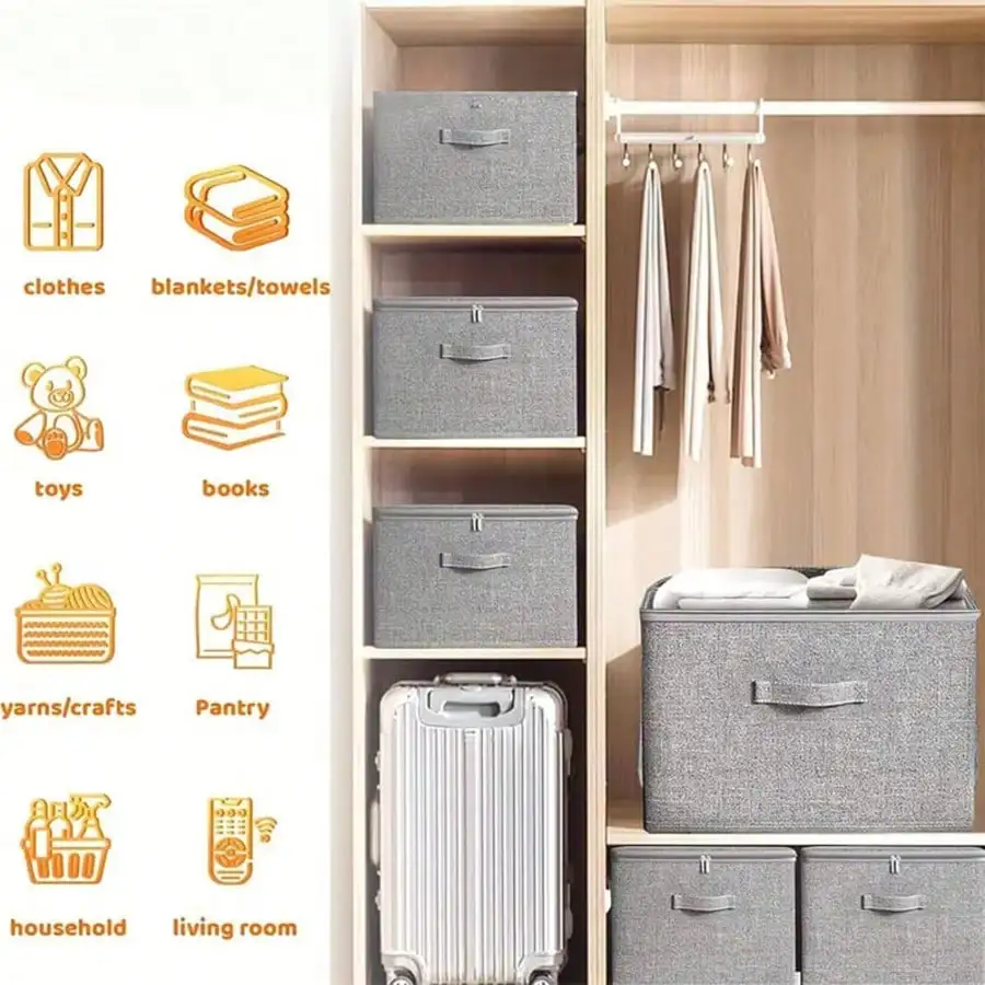 4-Pack Extra Large Fabric Storage Boxes With Linen Cover And Plastic Tray Foldable Storage Organizer For Bedding, Suitable For Wardrobes, Bedrooms, Kitchens, Books Multi-Purpose Storage Organizer