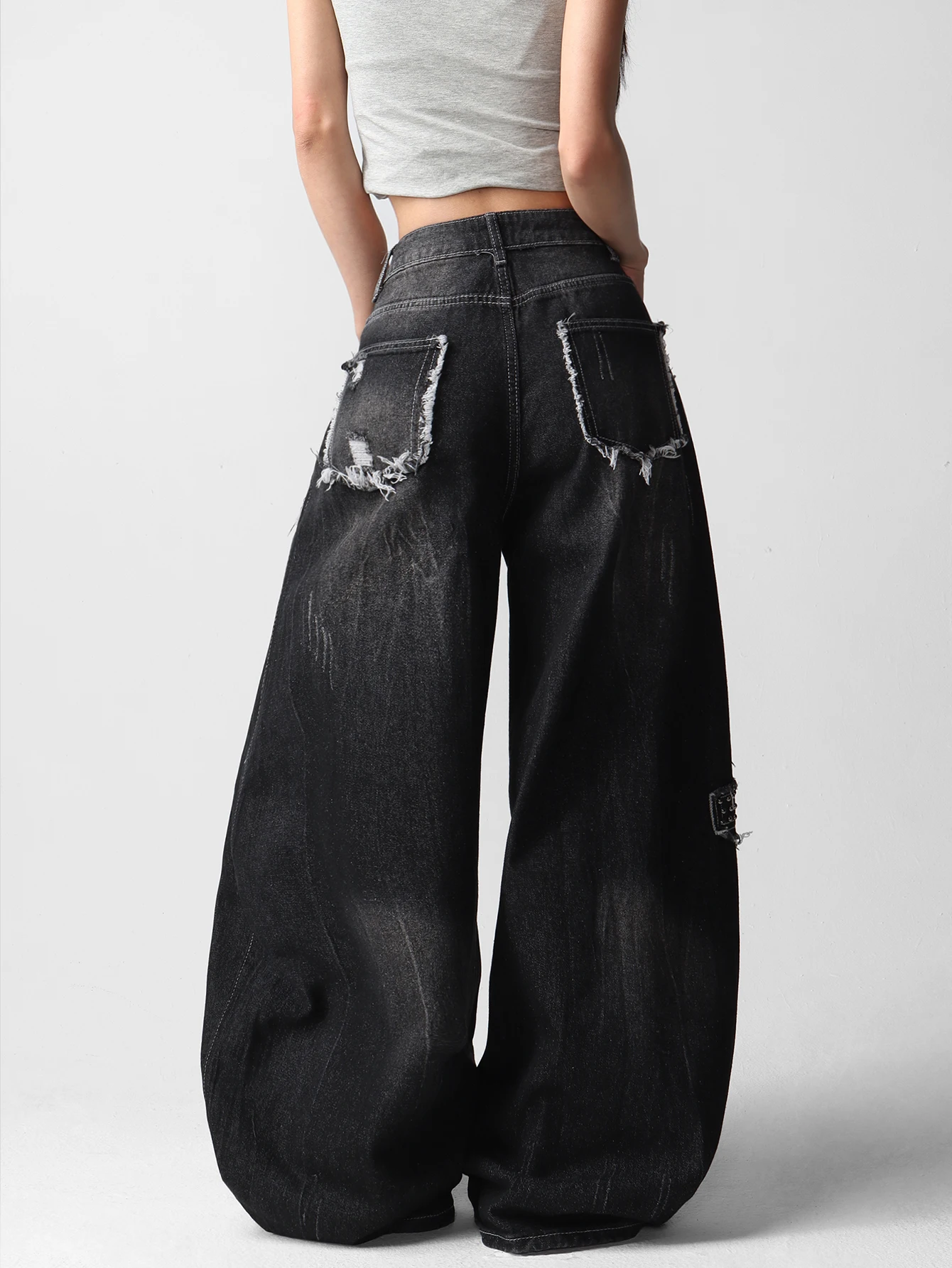 American-Style High Street Patchwork Studded Design Black Loose Jeans Women Y2K Trendy Streetwear Fashionable Casual Versatile Wide-Leg Pants