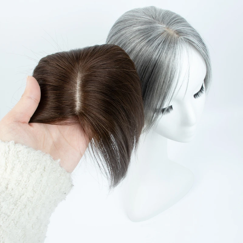 5x9cm Natural Human Hair Toppers For Women Silk Base Weightless Cover Wide Hairpart/Grey Hair P4-27 Highlight Piano Breathable Daily Use