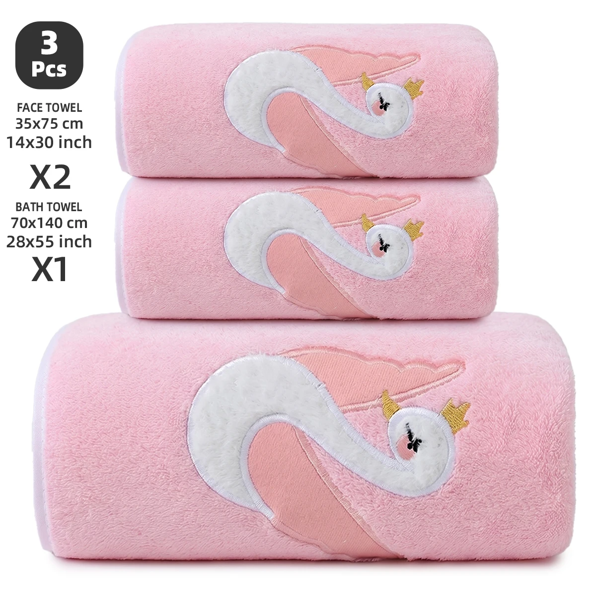 3-Piece Towel Set, 1 Bath Towel + 2 Hand Towels, Elegant Swan Embroidery Pattern, Soft and Comfortable, Skin-Friendly, Highly Absorbent, Quick-Drying Towel, Coral Fleece Material
