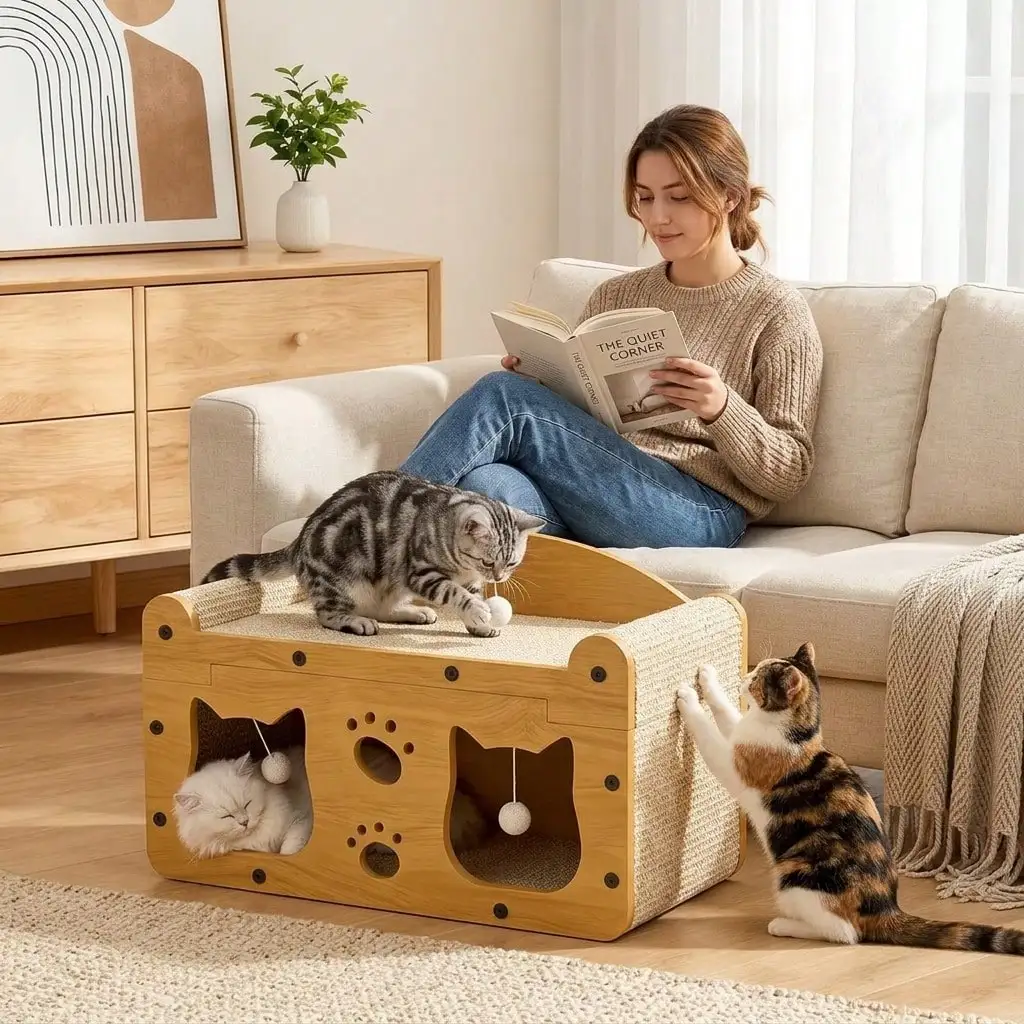 Cardboard Cat Scratcher House 2-In-1 With Interactive Ball, Durable Cat Lounge Rest Bed, Grinding Toy For Kittens & Adult Cats, Indoor Multi-Functional Cat Furniture