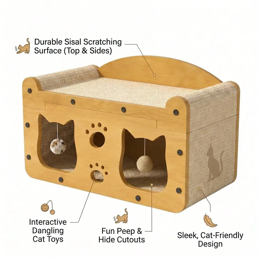 Cardboard Cat Scratcher House 2-In-1 With Interactive Ball, Durable Cat Lounge Rest Bed, Grinding Toy For Kittens & Adult Cats, Indoor Multi-Functional Cat Furniture
