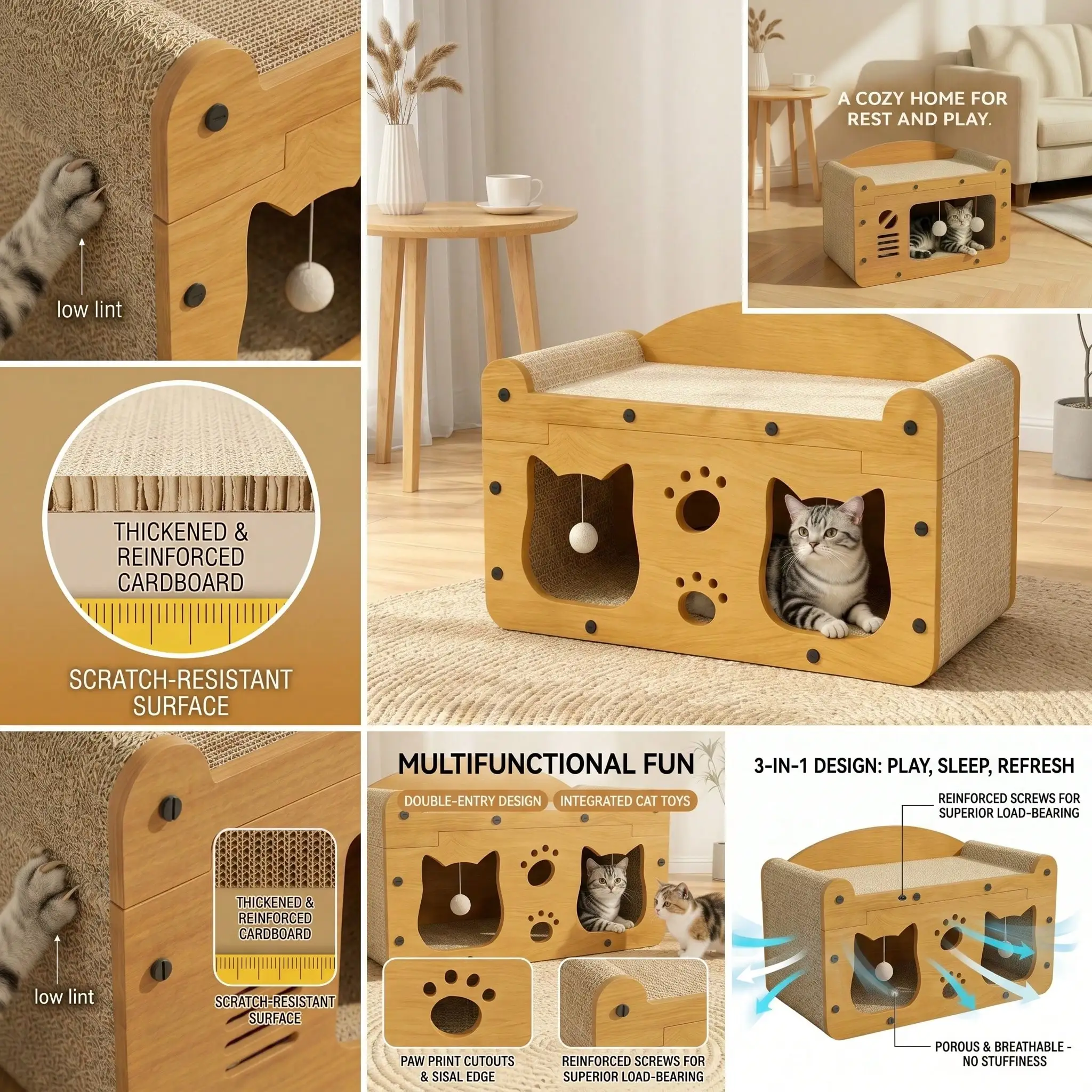 Cardboard Cat Scratcher House 2-In-1 With Interactive Ball, Durable Cat Lounge Rest Bed, Grinding Toy For Kittens & Adult Cats, Indoor Multi-Functional Cat Furniture