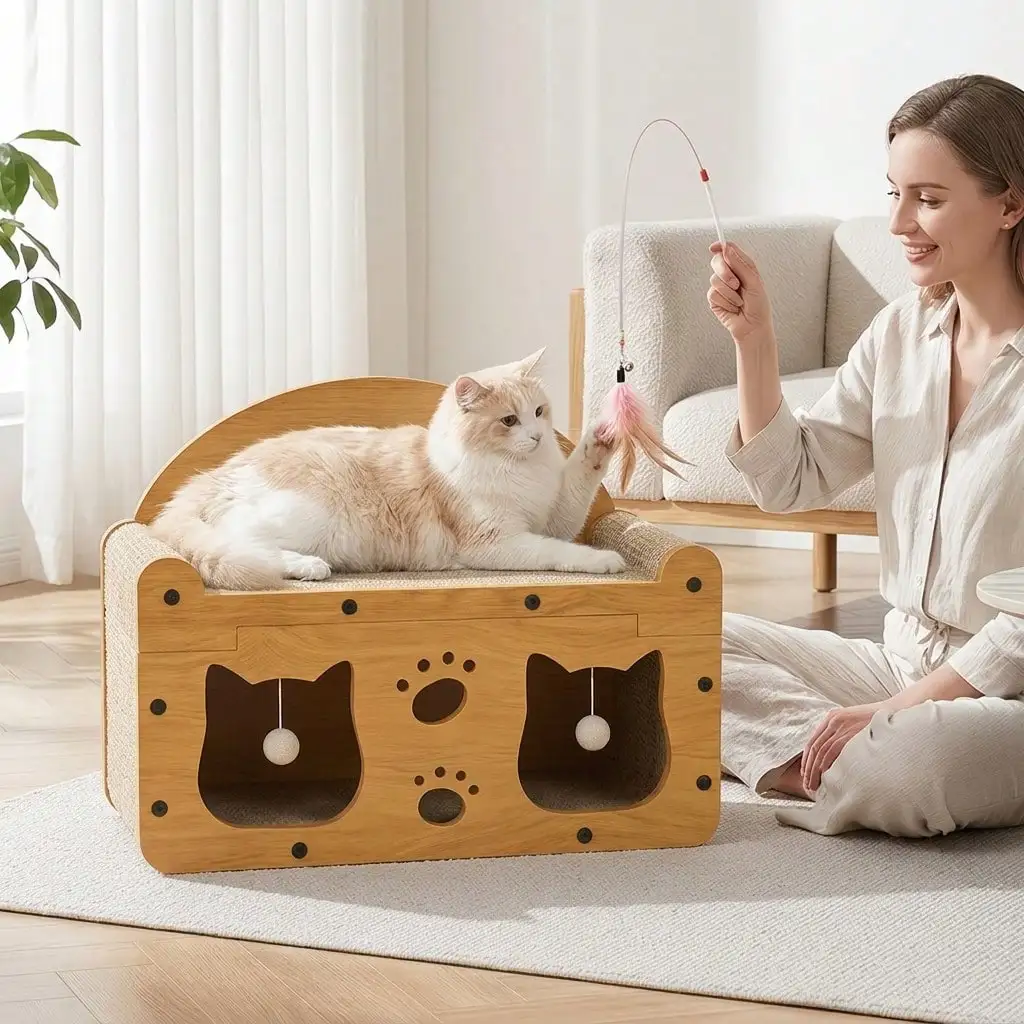 Cardboard Cat Scratcher House 2-In-1 With Interactive Ball, Durable Cat Lounge Rest Bed, Grinding Toy For Kittens & Adult Cats, Indoor Multi-Functional Cat Furniture