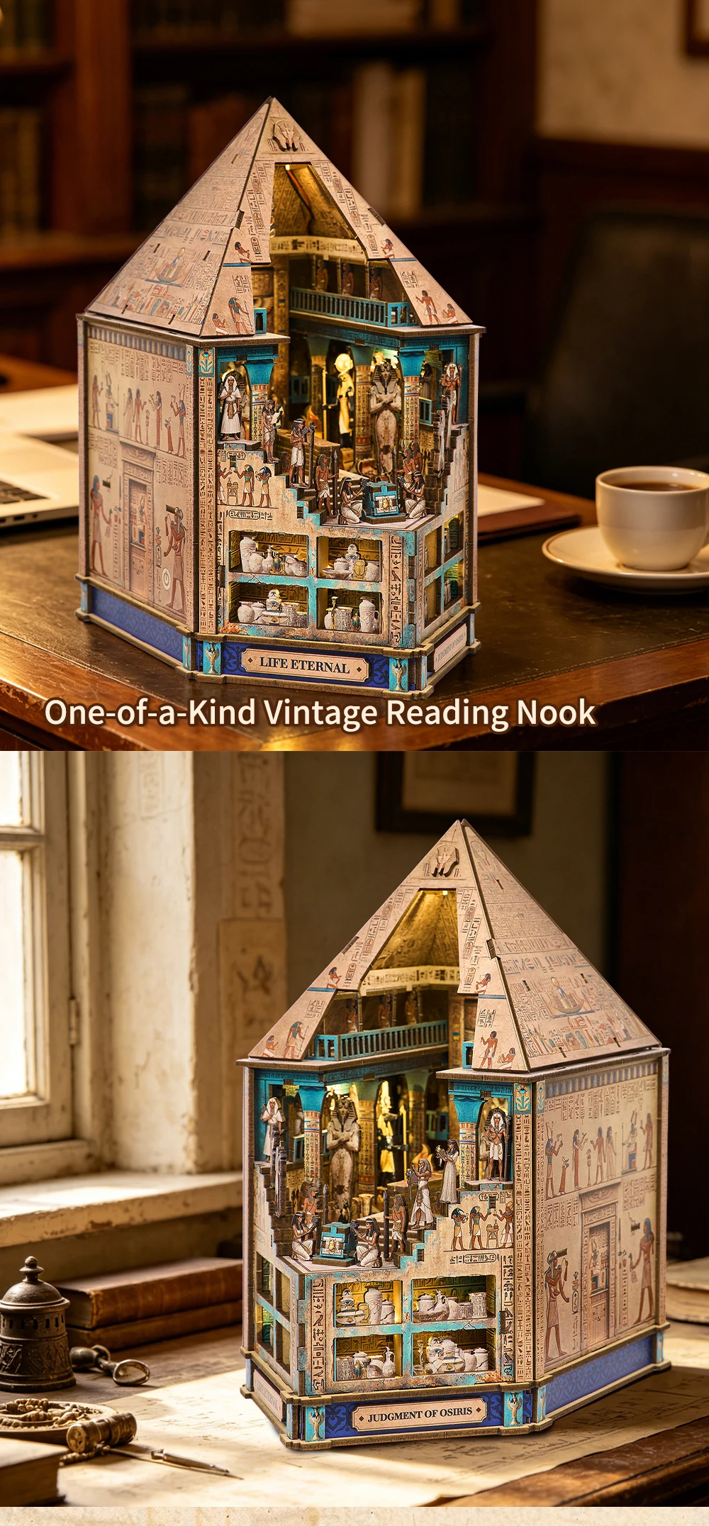 Book Nook Kit 3D Wooden Puzzle Egyptian Pharaoh MummyDIY Miniature Dollhouse Pyramid Model Building Home Decoration Gifts