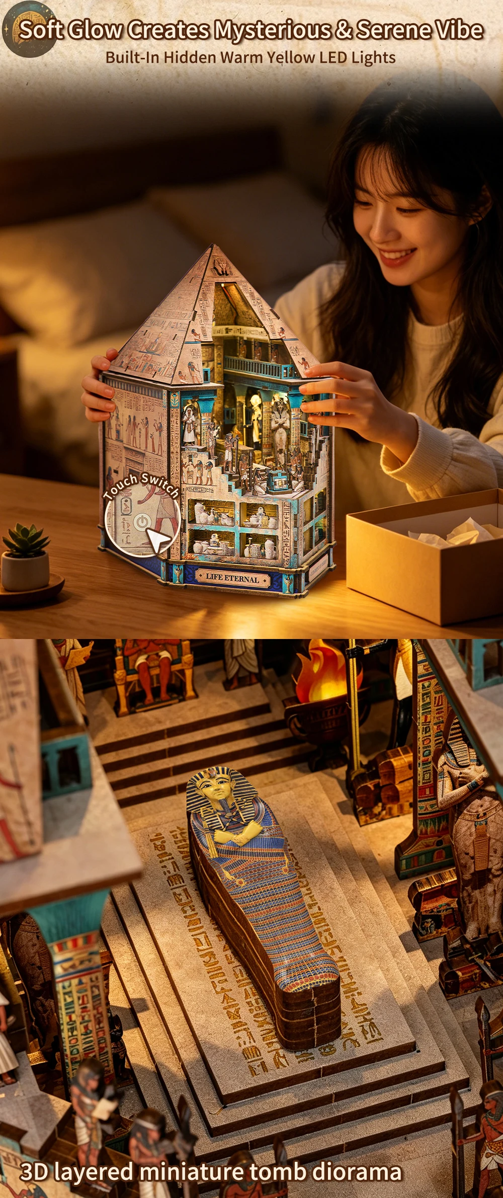 Book Nook Kit 3D Wooden Puzzle Egyptian Pharaoh MummyDIY Miniature Dollhouse Pyramid Model Building Home Decoration Gifts