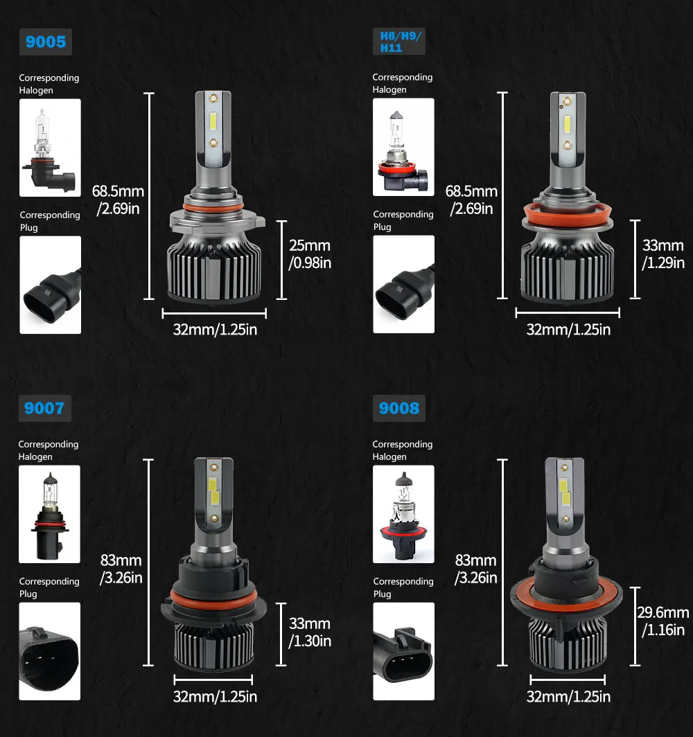 BEVINSEE H4 H7 H1 H11 H3 9004 9007 9008 LED Headlight Bulbs 50W 6000LM HB3/9005 HB4/9006 880/881 LED Fog Lights 6000K Mini Size