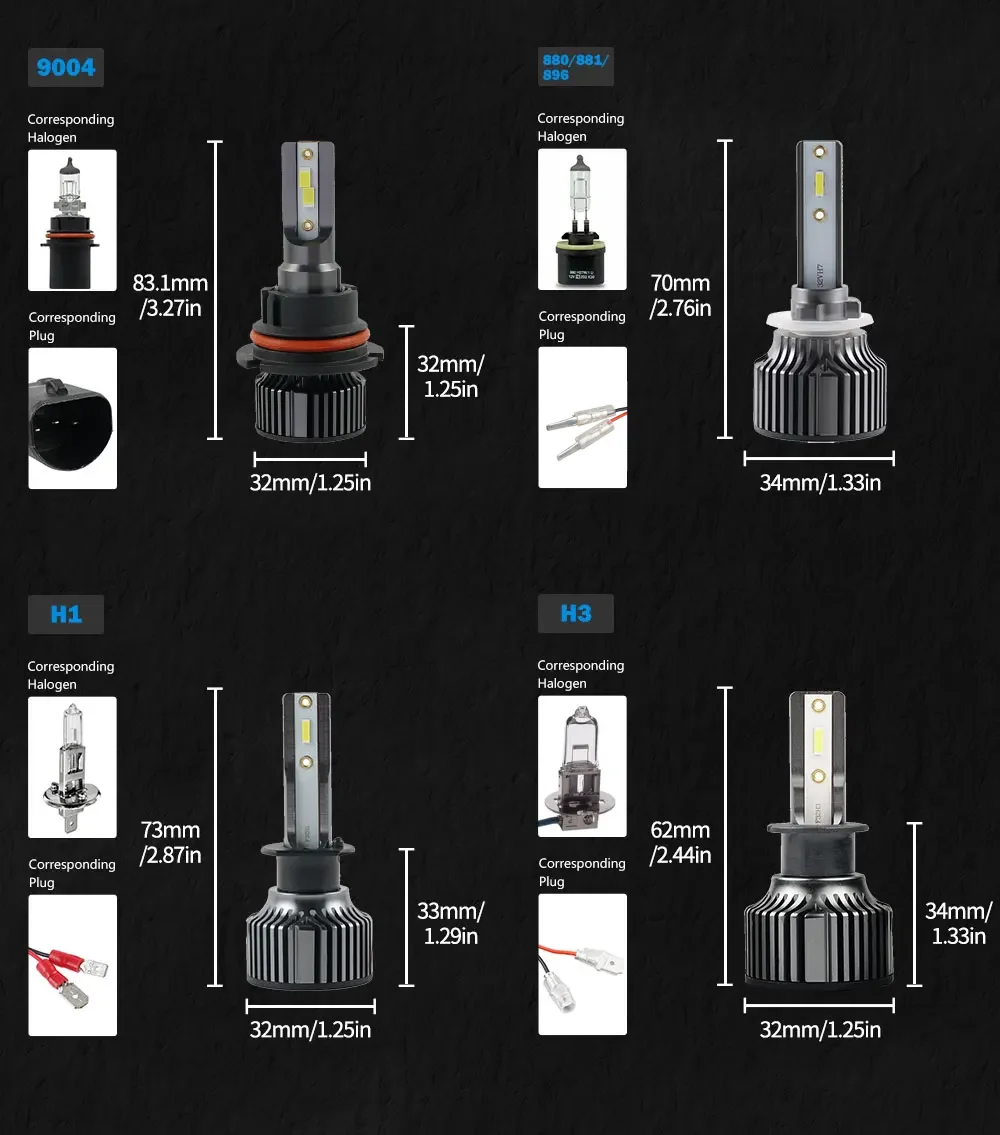 BEVINSEE H4 H7 H1 H11 H3 9004 9007 9008 LED Headlight Bulbs 50W 6000LM HB3/9005 HB4/9006 880/881 LED Fog Lights 6000K Mini Size