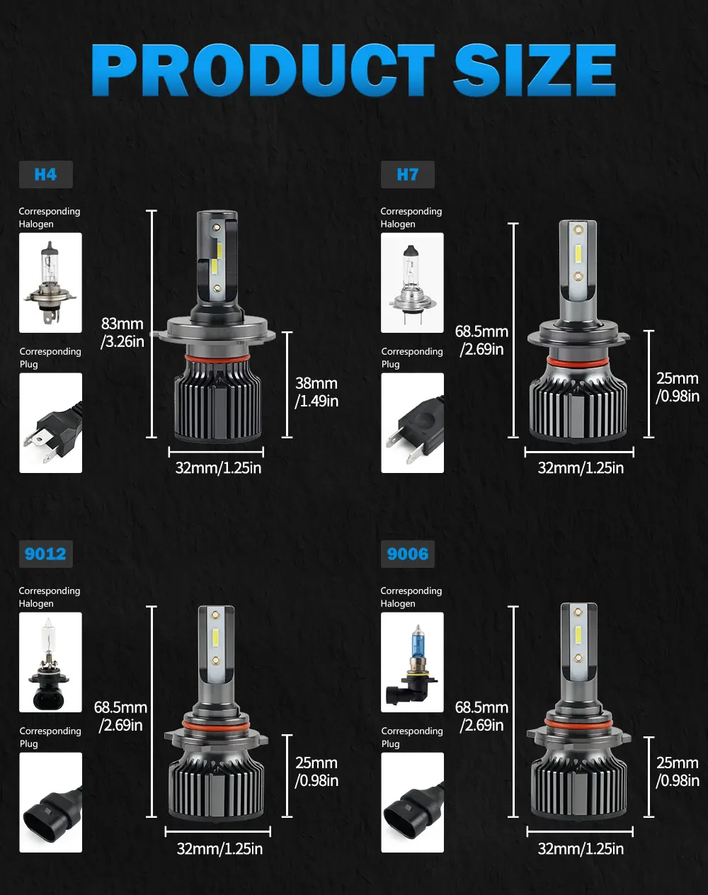 BEVINSEE H4 H7 H1 H11 H3 9004 9007 9008 LED Headlight Bulbs 50W 6000LM HB3/9005 HB4/9006 880/881 LED Fog Lights 6000K Mini Size
