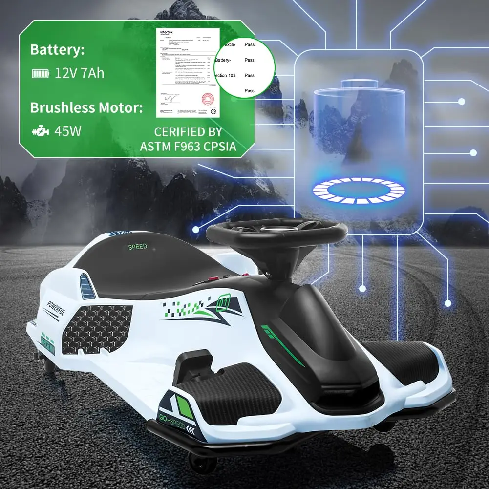 12V Electric Drift Go Kart For Kids, 7.5 MPH Ride On Racing Car, 5 Wheels, LED Lights, Music, Variable Speed, 110 LB Capacity
