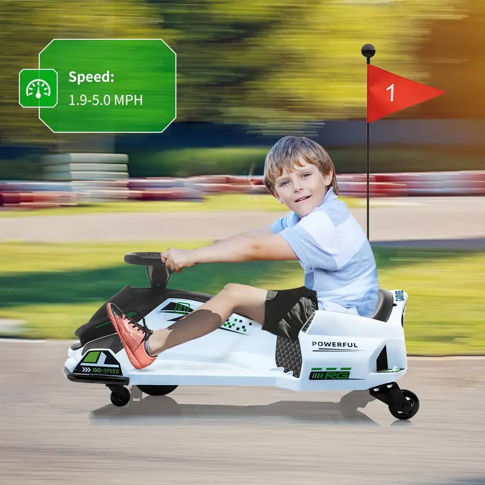 12V Electric Drift Go Kart For Kids, 7.5 MPH Ride On Racing Car, 5 Wheels, LED Lights, Music, Variable Speed, 110 LB Capacity