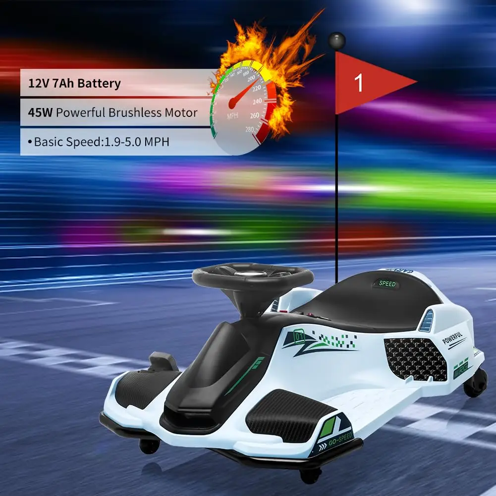 12V Electric Drift Go Kart For Kids, 7.5 MPH Ride On Racing Car, 5 Wheels, LED Lights, Music, Variable Speed, 110 LB Capacity