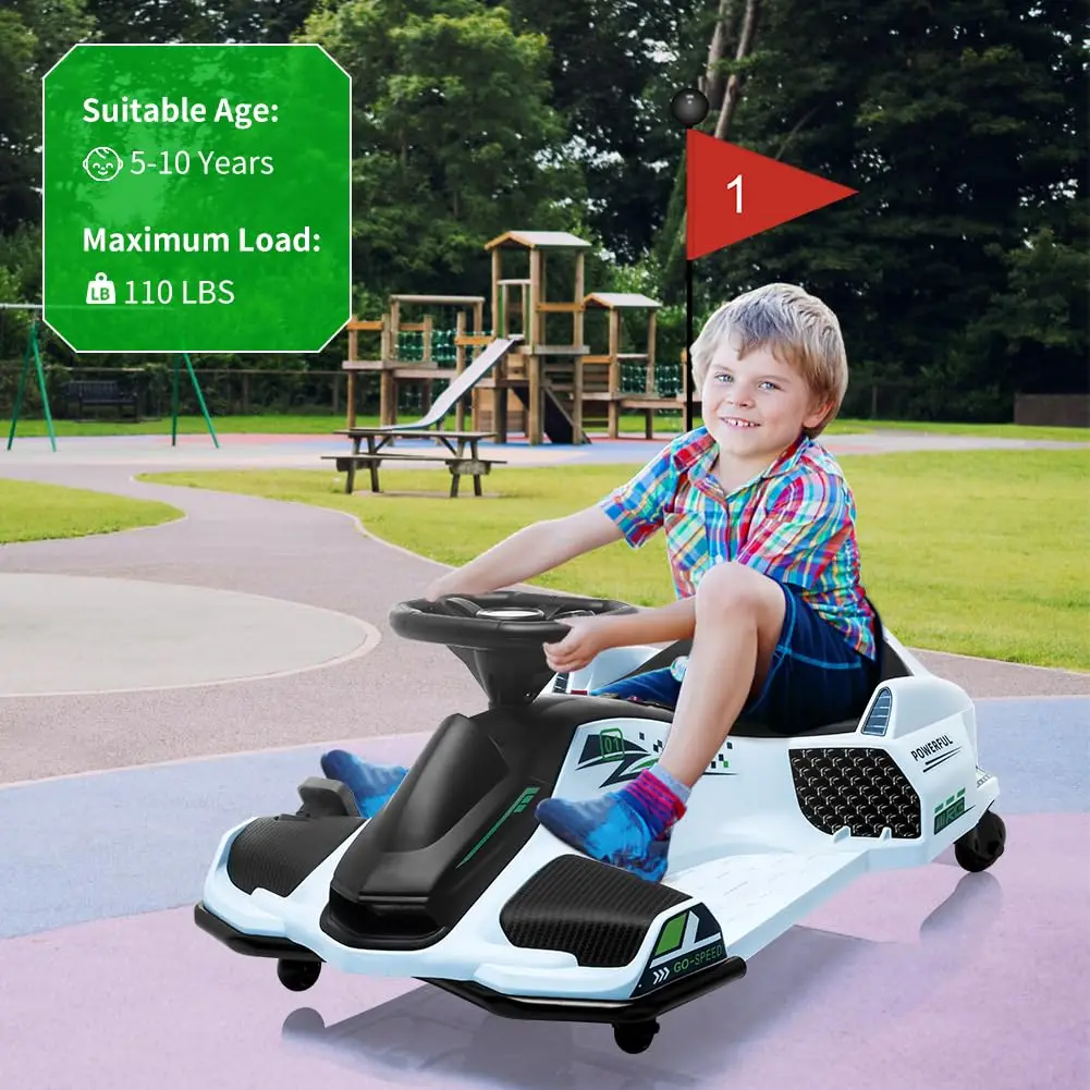 12V Electric Drift Go Kart For Kids, 7.5 MPH Ride On Racing Car, 5 Wheels, LED Lights, Music, Variable Speed, 110 LB Capacity