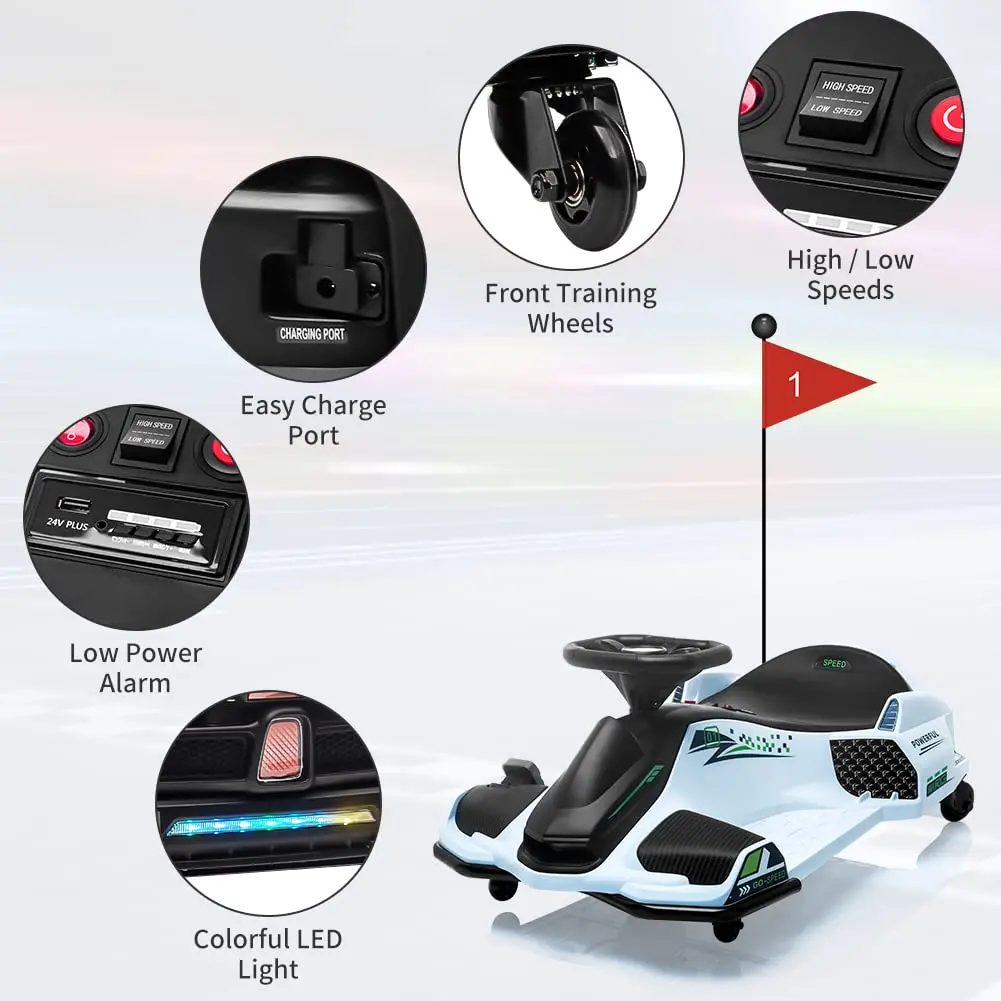 12V Electric Drift Go Kart For Kids, 7.5 MPH Ride On Racing Car, 5 Wheels, LED Lights, Music, Variable Speed, 110 LB Capacity