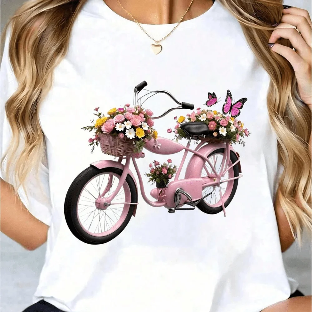2026 New Women Art Graphic T‑Shirt, White Bicycle Flowers & Butterfly Print Crew Neck Top, Medium Stretch Knit Cotton, Regular Fit Casual Short Sleeve Tee For Daily & Going‑Out Outfits