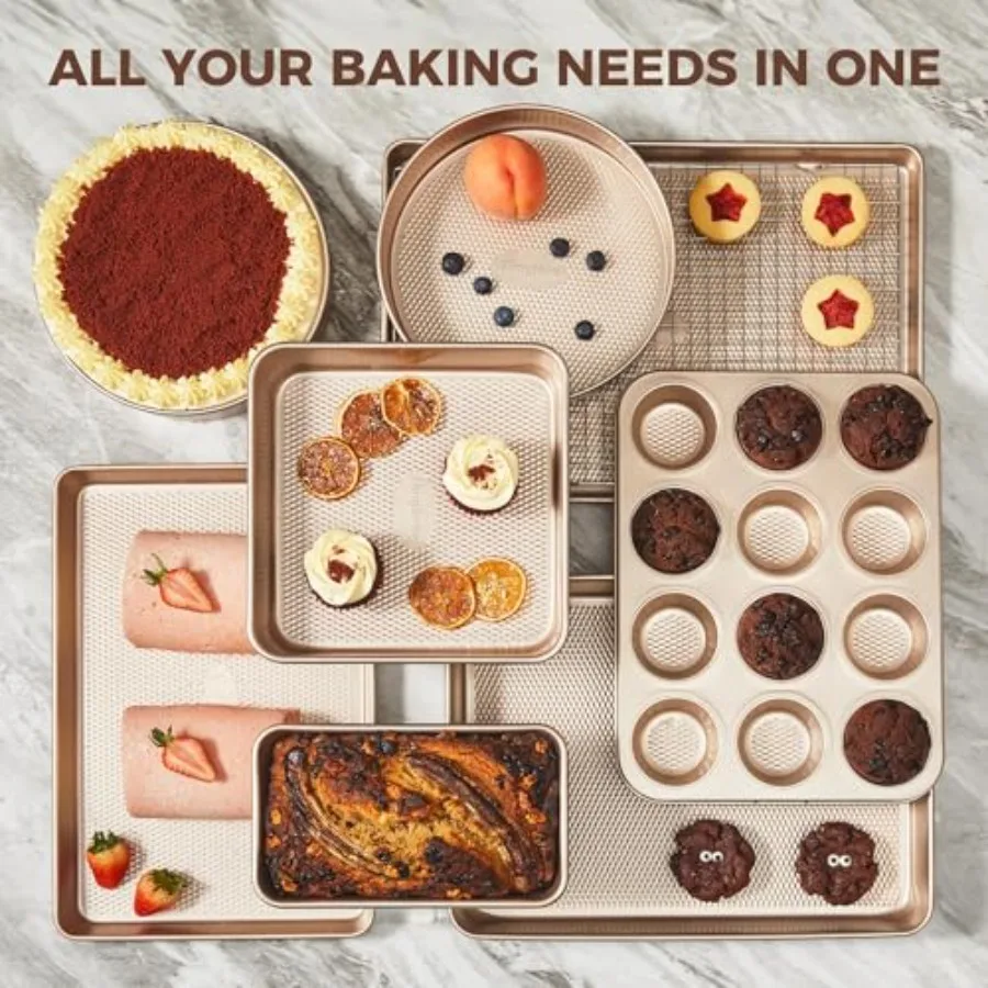 9-Piece Baking Pans Set for Home Kitchen Use, Nonstick Diamond Texture Aluminum with Gold Finish, Oven-Safe Stackable Non Toxic