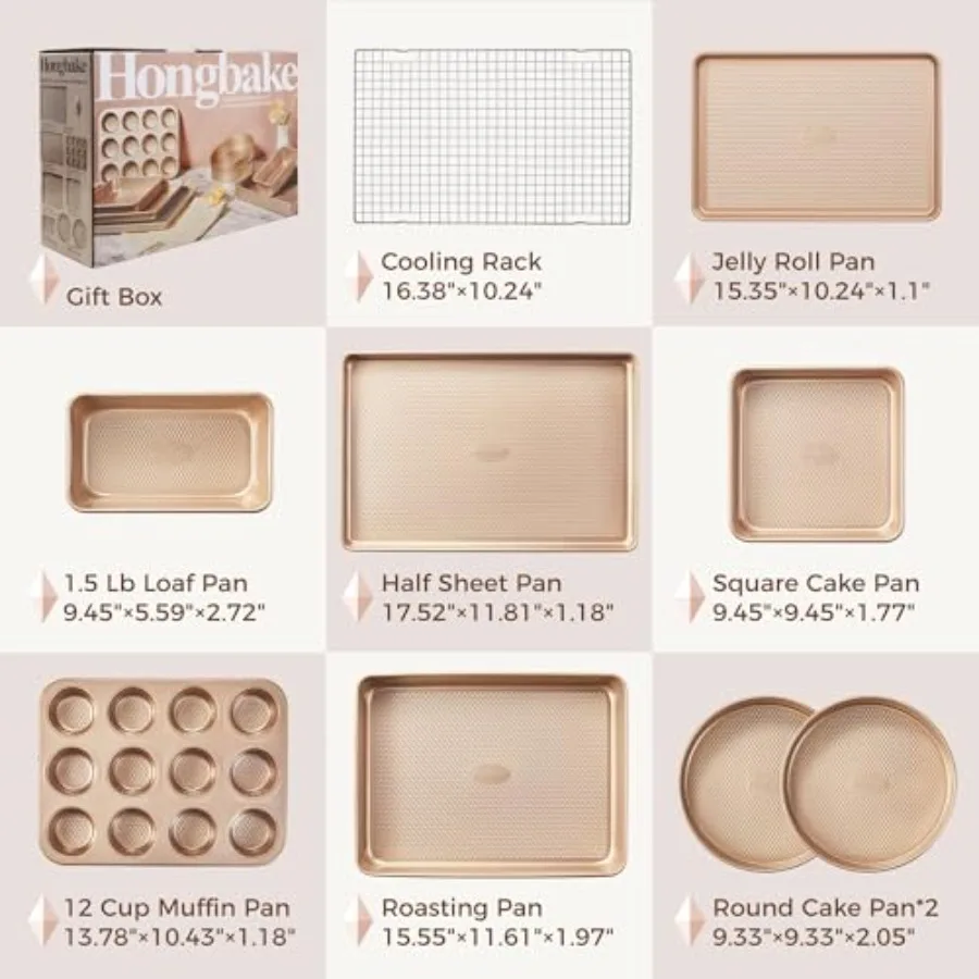 9-Piece Baking Pans Set for Home Kitchen Use, Nonstick Diamond Texture Aluminum with Gold Finish, Oven-Safe Stackable Non Toxic