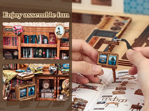 Original CUTEBEE 241pcs Journey Trace Bookshop Book Nook Kit joy nook DIY Miniature House Kit for Adults Booknook Bookstore Bookshelf 3D Wooden Puzzles Gifts for Women Teenagers tinycraft 3D Wooden Puzzle Bookshelf Insert Decor with LED Light girl Gifts