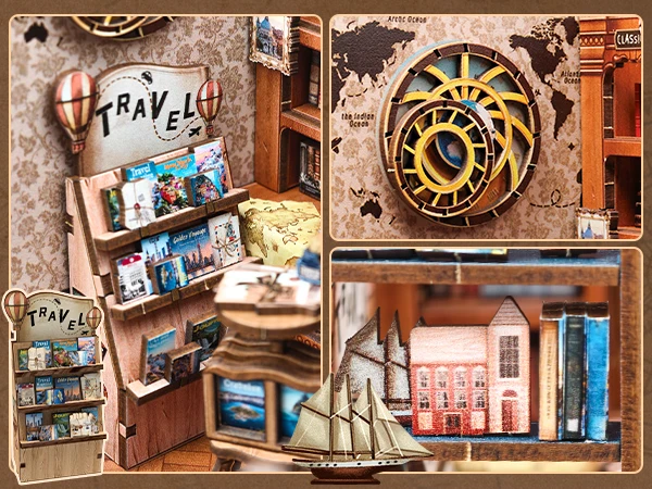 Original CUTEBEE 241pcs Journey Trace Bookshop Book Nook Kit joy nook DIY Miniature House Kit for Adults Booknook Bookstore Bookshelf 3D Wooden Puzzles Gifts for Women Teenagers tinycraft 3D Wooden Puzzle Bookshelf Insert Decor with LED Light girl Gifts