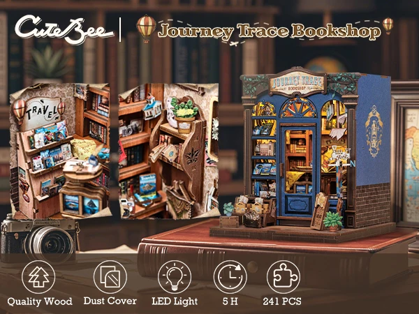 Original CUTEBEE 241pcs Journey Trace Bookshop Book Nook Kit joy nook DIY Miniature House Kit for Adults Booknook Bookstore Bookshelf 3D Wooden Puzzles Gifts for Women Teenagers tinycraft 3D Wooden Puzzle Bookshelf Insert Decor with LED Light girl Gifts