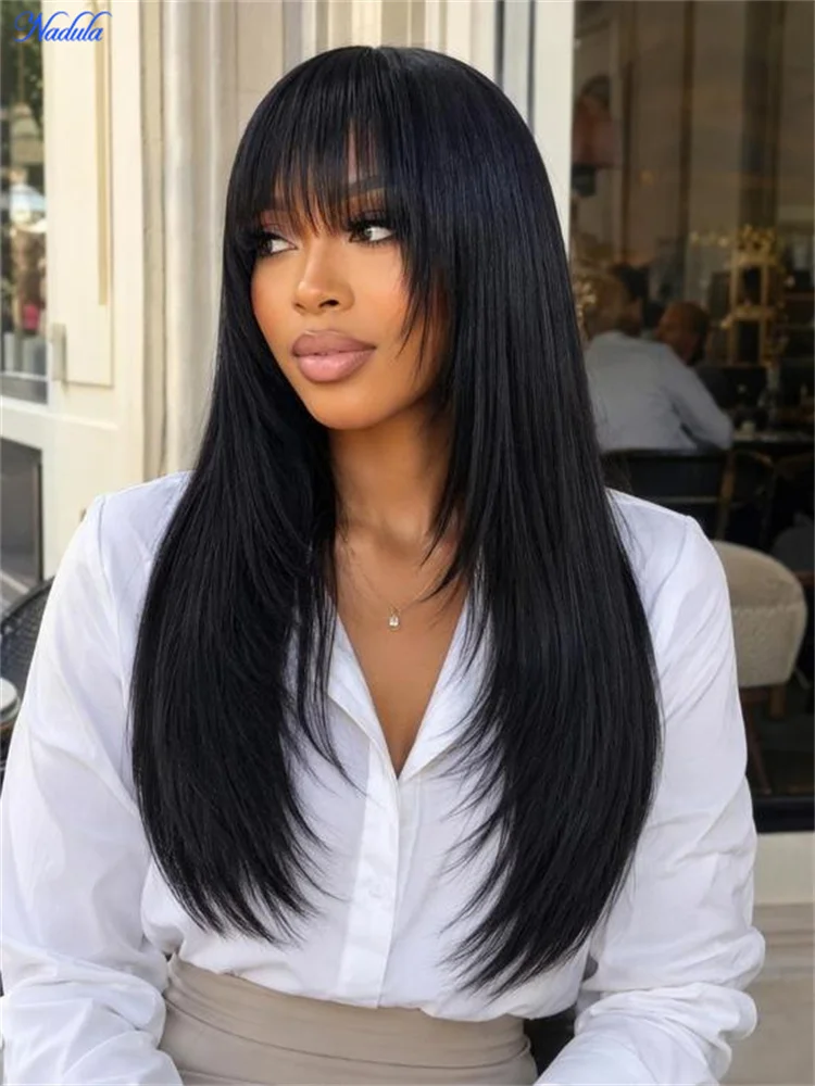 Nadula Layered Cut Yaki Straight Virgin Human Hair Wig with Wispy Bangs Hand-Tied Crown Area Machine Made Human Hair Wig with Drawstring No Tangle No Shedding Last More than 12 Months Suitable for All Heads Size 30 Days No Reason Local Free Return