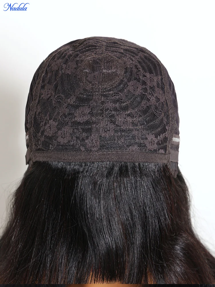 Nadula Layered Cut Yaki Straight Virgin Human Hair Wig with Wispy Bangs Hand-Tied Crown Area Machine Made Human Hair Wig with Drawstring No Tangle No Shedding Last More than 12 Months Suitable for All Heads Size 30 Days No Reason Local Free Return