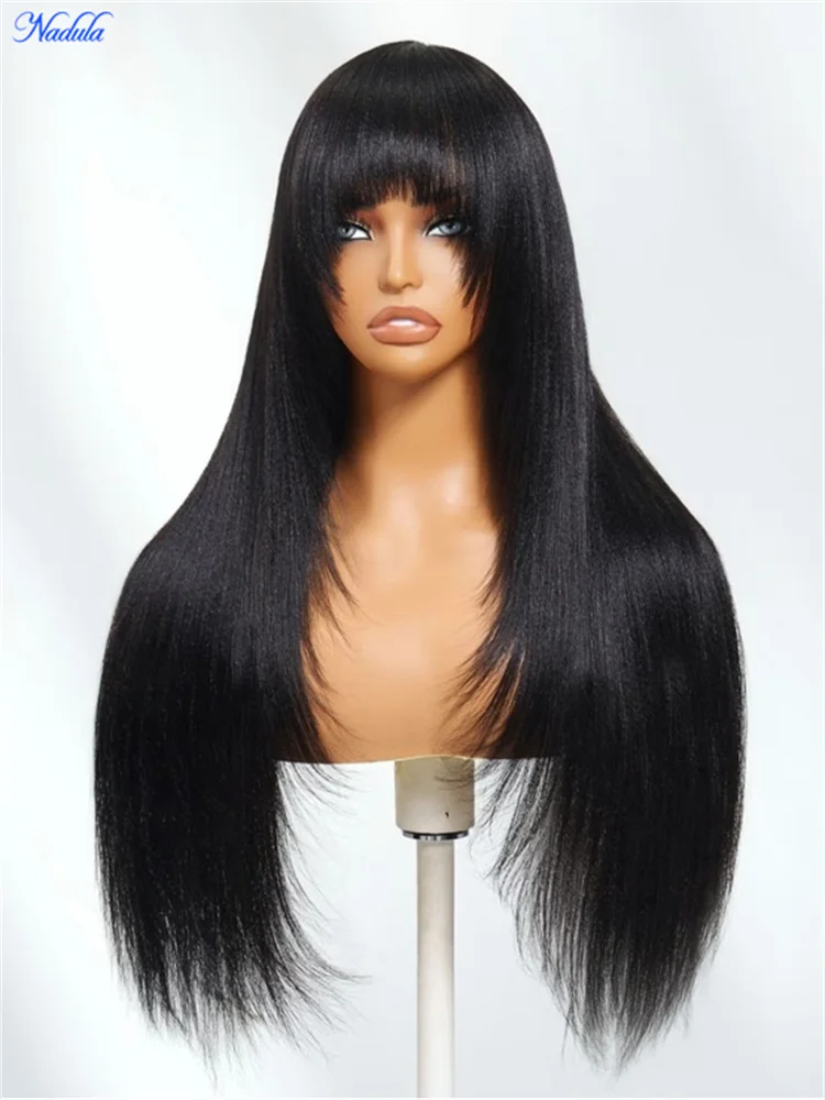 Nadula Layered Cut Yaki Straight Virgin Human Hair Wig with Wispy Bangs Hand-Tied Crown Area Machine Made Human Hair Wig with Drawstring No Tangle No Shedding Last More than 12 Months Suitable for All Heads Size 30 Days No Reason Local Free Return