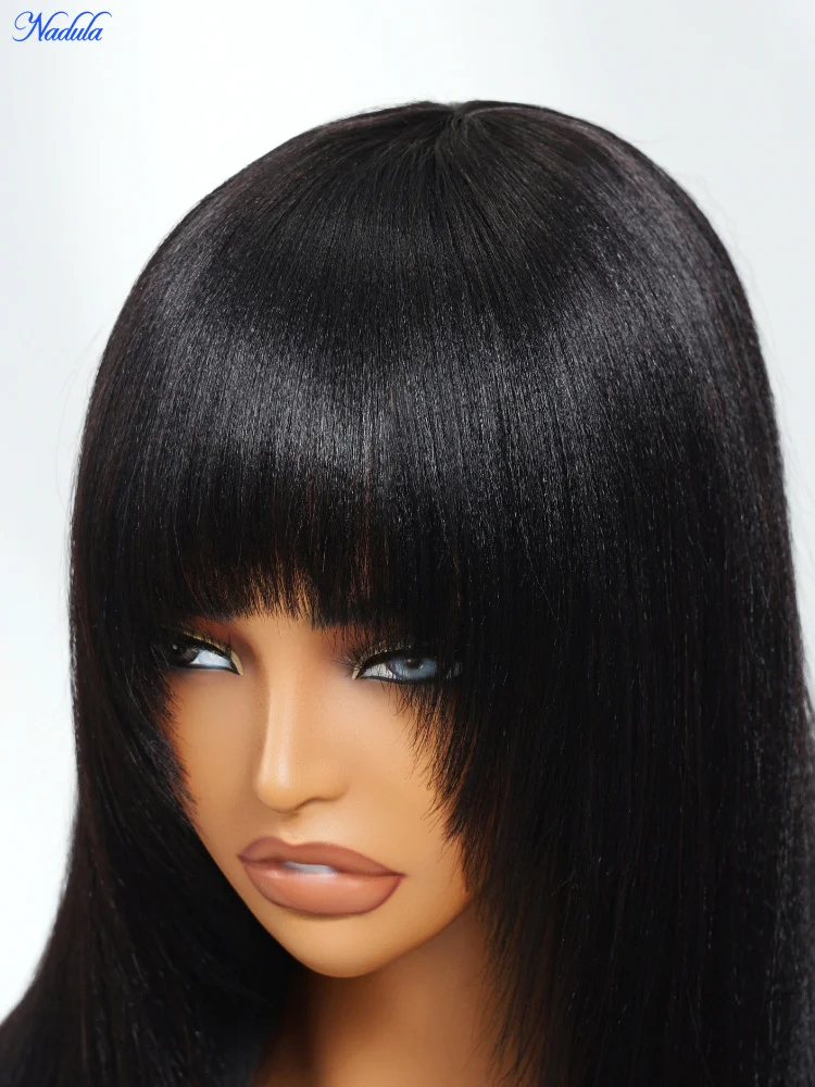 Nadula Layered Cut Yaki Straight Virgin Human Hair Wig with Wispy Bangs Hand-Tied Crown Area Machine Made Human Hair Wig with Drawstring No Tangle No Shedding Last More than 12 Months Suitable for All Heads Size 30 Days No Reason Local Free Return