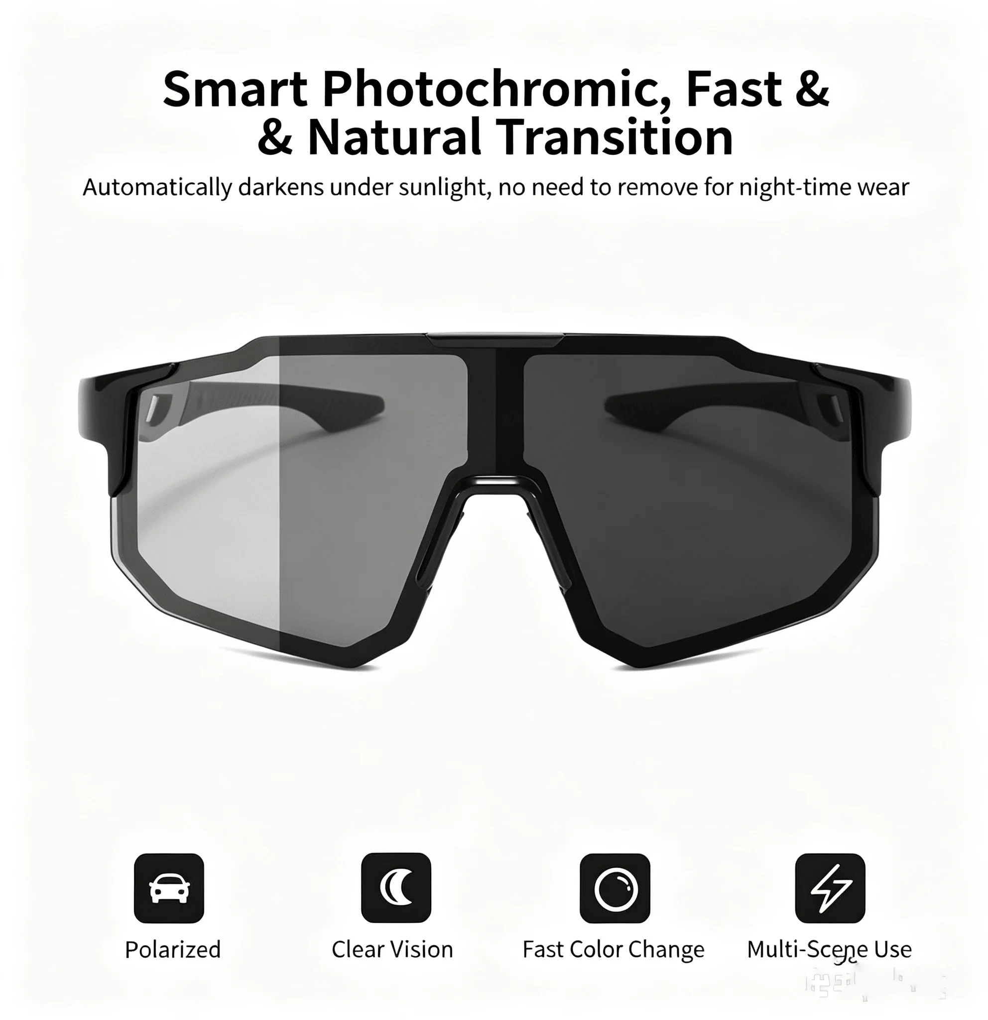 Polarized Sports Sunglasses for Men Women Photochromic Cycling Glasses UV400 Protection Windproof Goggles for Skiing Mountaineering Running Fishing Large Shield Lens Fashionable Colorful Mirrored Outdoor Sport Eyewear