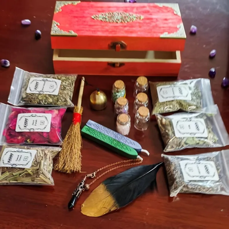 Beginner Wiccan Altar Kit in Vintage Mahogany Box, Complete Witchcraft Ritual Set with Herbs, Crystals, Tools & Guide, Teacher Appreciation Giftable Witch Box for Family & Friends, 7.87x3.94 Inches