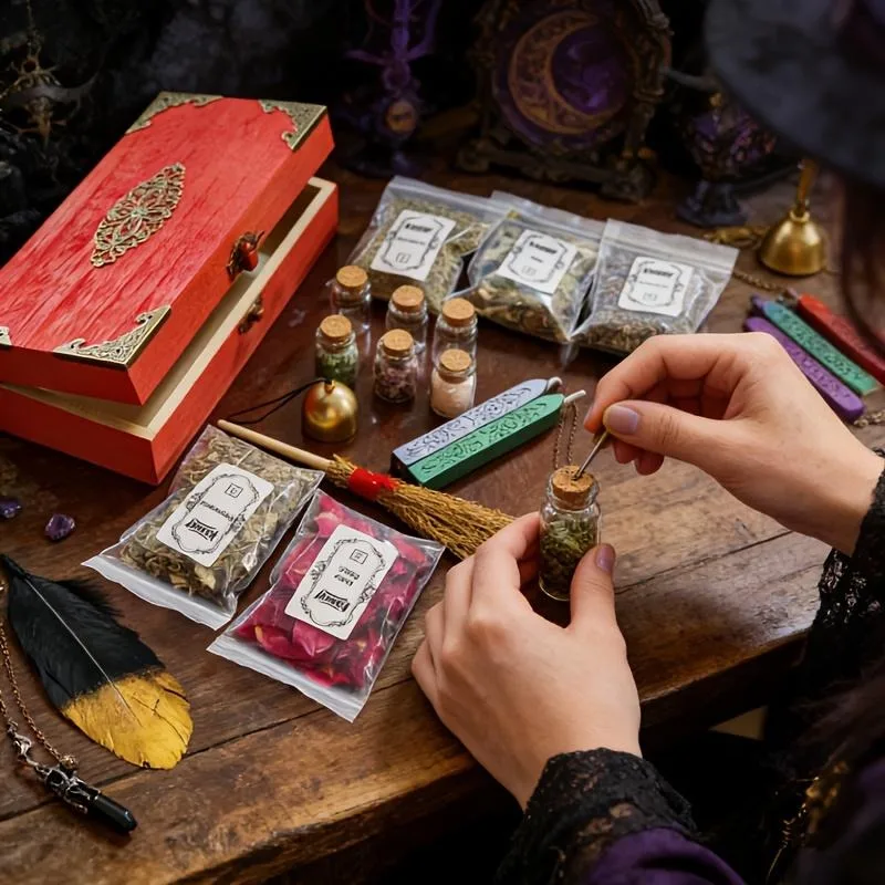 Beginner Wiccan Altar Kit in Vintage Mahogany Box, Complete Witchcraft Ritual Set with Herbs, Crystals, Tools & Guide, Teacher Appreciation Giftable Witch Box for Family & Friends, 7.87x3.94 Inches